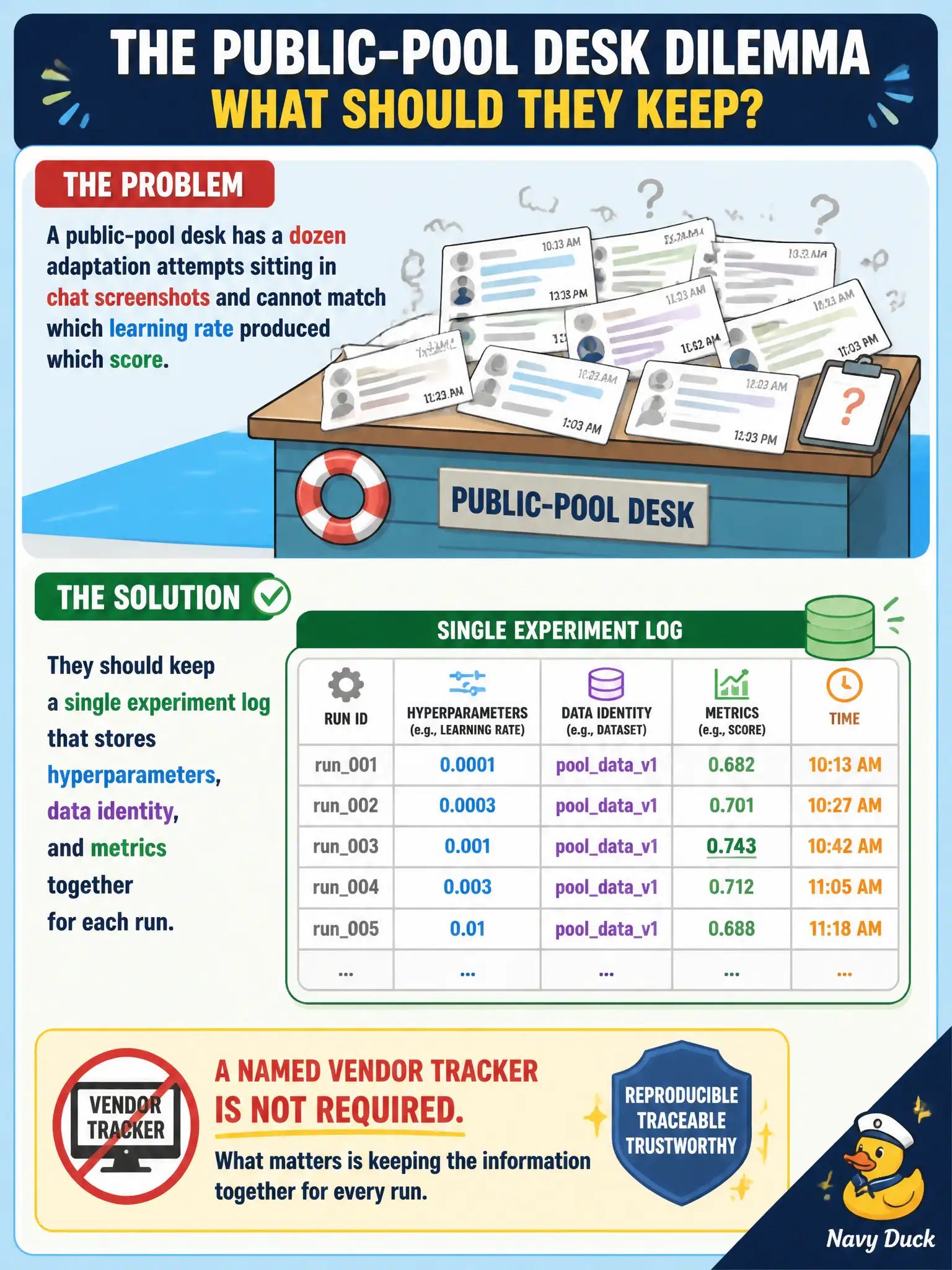 To Create an exciting colorful infographic that explains the concepts in the question: Question: A public-pool desk has a dozen adaptation attempts sitting in chat screenshots and cannot match which learning rate produced which score. What should they keep instead? Correct Answer: A single experiment log that stores hyperparameters, data identity, and metrics together for each run. A named vendor tracker is not required. Put EVERY visible label in double quotes. No people. No A/B/C/D letters. In one of the four corners put a little "Navy Duck".