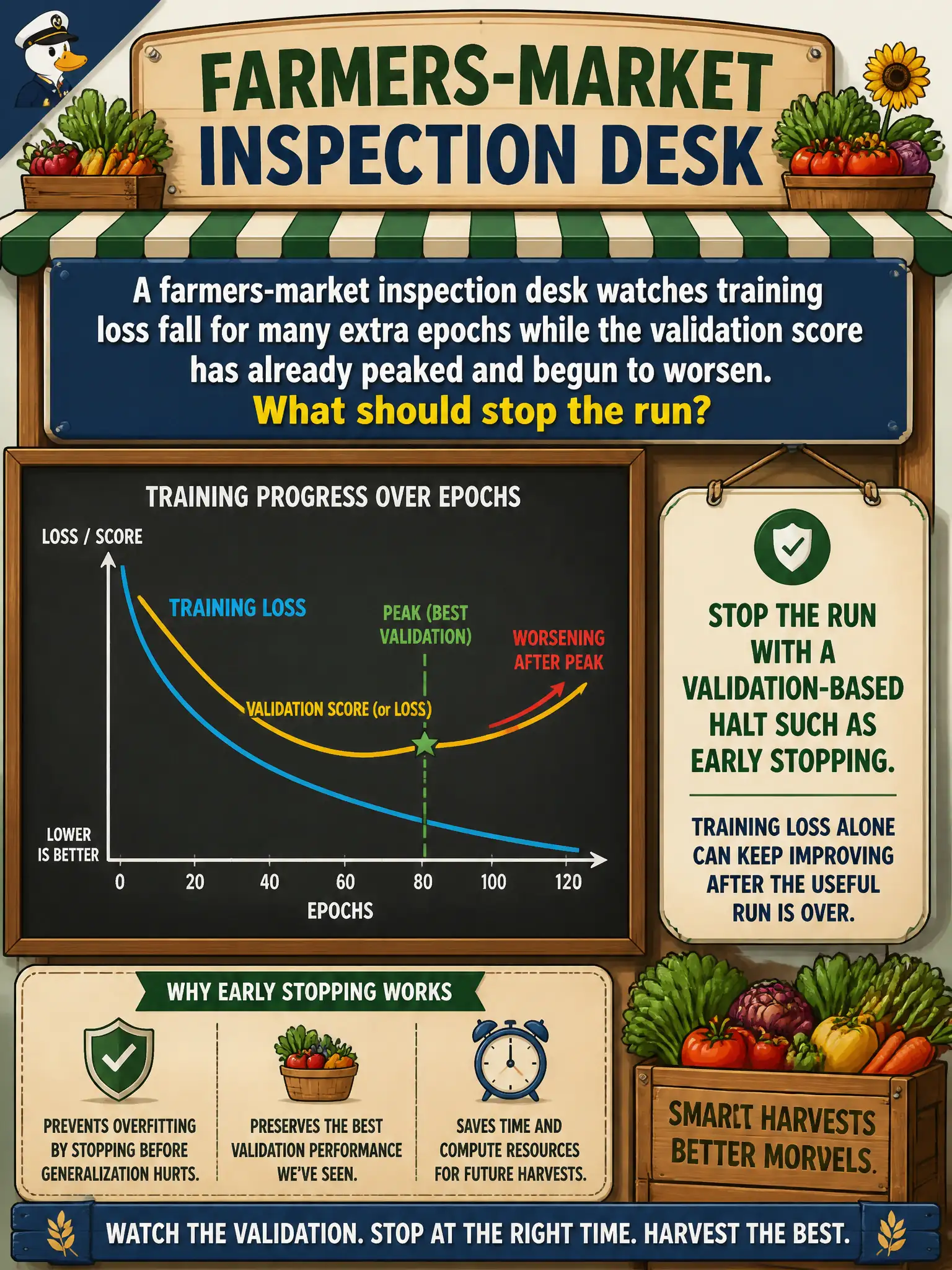 To Create an exciting colorful infographic that explains the concepts in the question: Question: A farmers-market inspection desk watches training loss fall for many extra epochs while the validation score has already peaked and begun to worsen. What should stop the run? Correct Answer: A validation-based halt such as early stopping. Training loss alone can keep improving after the useful run is over. Put EVERY visible label in double quotes. No people. No A/B/C/D letters. In one of the four corners put a little "Navy Duck".