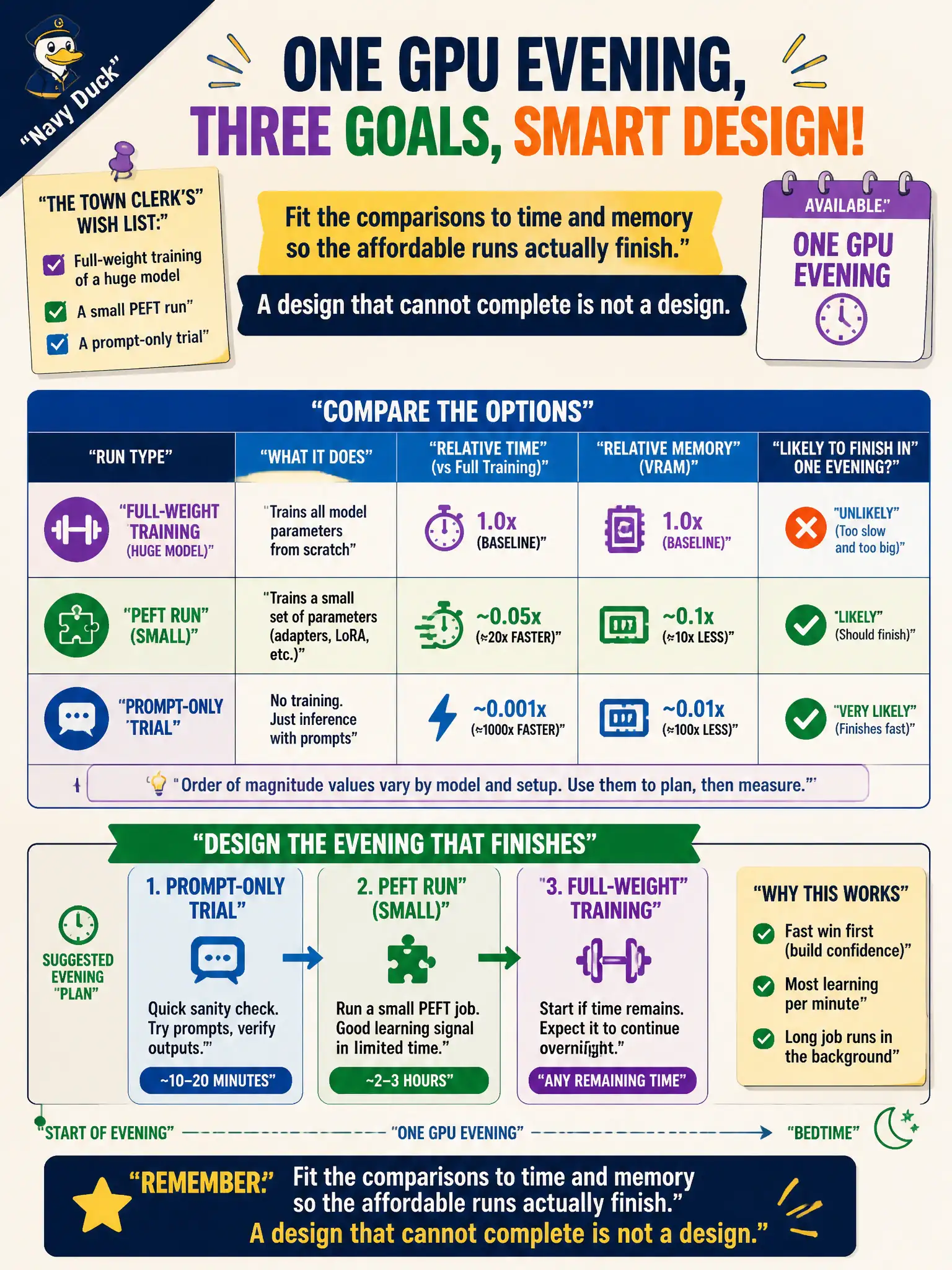 To Create an exciting colorful infographic that explains the concepts in the question: Question: A town clerk has one GPU evening and a wish list: full-weight training of a huge model, a small PEFT run, and a prompt-only trial. How should the evening be designed? Correct Answer: Fit the comparisons to time and memory so the affordable runs actually finish. A design that cannot complete is not a design. Put EVERY visible label in double quotes. No people. No A/B/C/D letters. In one of the four corners put a little "Navy Duck".