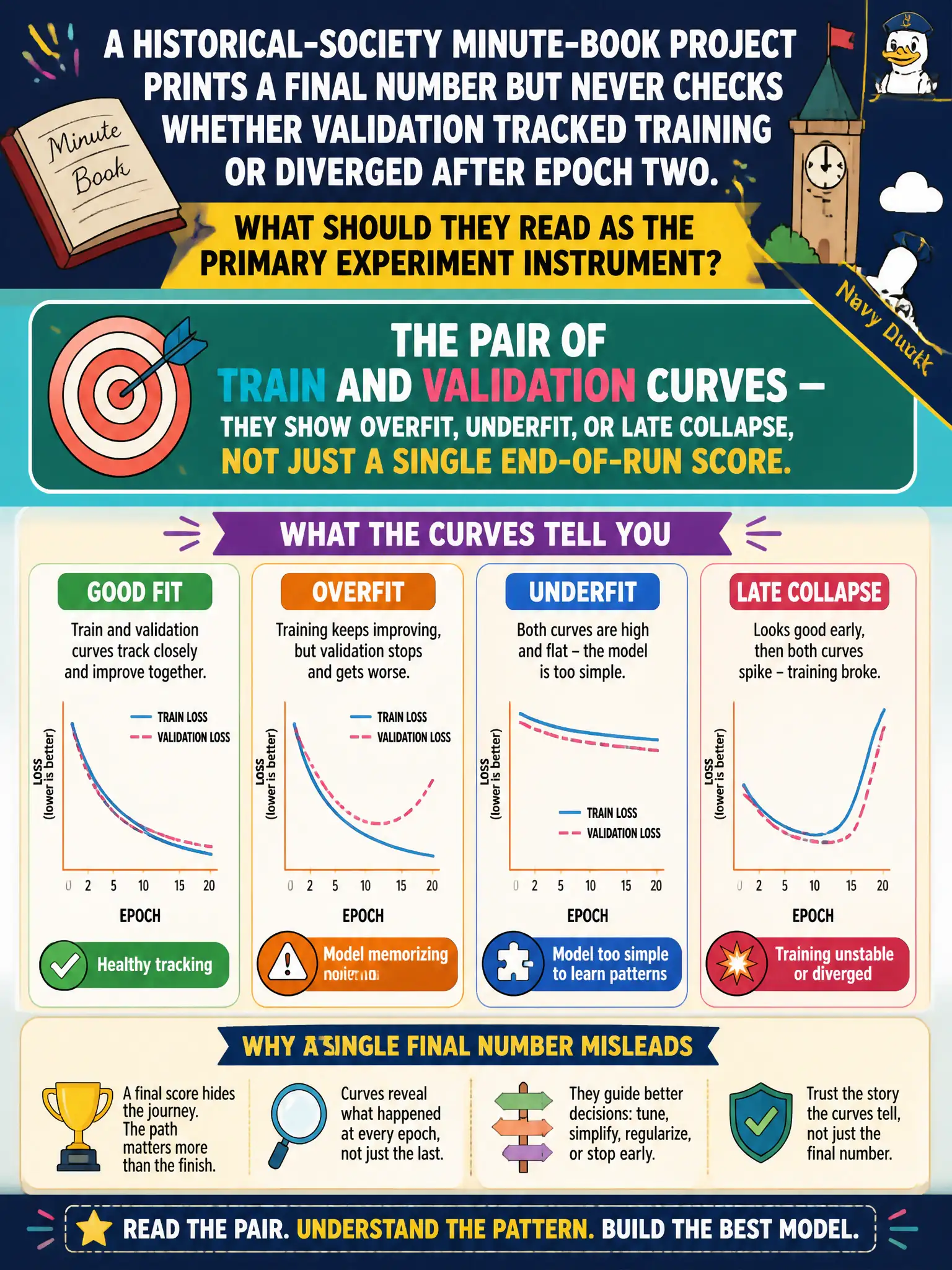 To Create an exciting colorful infographic that explains the concepts in the question: Question: A historical-society minute-book project prints a final number but never checks whether validation tracked training or diverged after epoch two. What should they read as the primary experiment instrument? Correct Answer: The pair of train and validation curves — they show overfit, underfit, or late collapse, not just a single end-of-run score. Put EVERY visible label in double quotes. No people. No A/B/C/D letters. In one of the four corners put a little "Navy Duck".