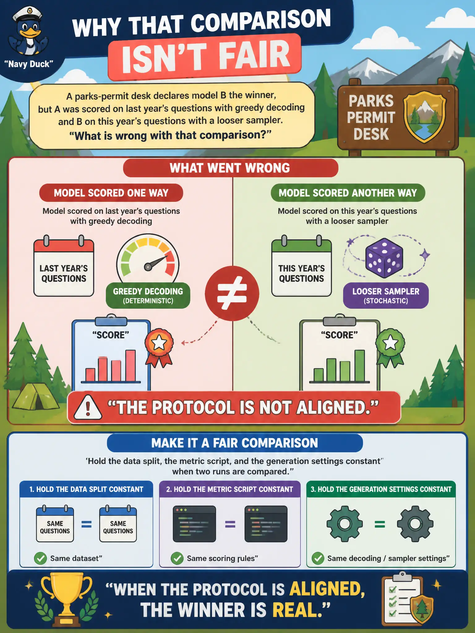 To Create an exciting colorful infographic that explains the concepts in the question: Question: A parks-permit desk declares model B the winner, but A was scored on last year’s questions with greedy decoding and B on this year’s questions with a looser sampler. What is wrong with that comparison? Correct Answer: The protocol is not aligned. Hold the data split, the metric script, and the generation settings constant when two runs are compared. Put EVERY visible label in double quotes. No people. No A/B/C/D letters. In one of the four corners put a little "Navy Duck".