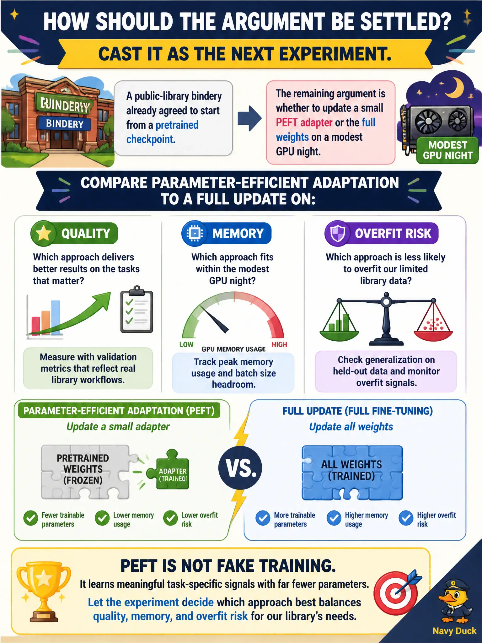 To Create an exciting colorful infographic that explains the concepts in the question: Question: A public-library bindery already agreed to start from a pretrained checkpoint. The remaining argument is whether to update a small PEFT adapter or the full weights on a modest GPU night. How should that argument be settled? Correct Answer: Cast it as the next experiment: compare parameter-efficient adaptation to a full update on quality, memory, and overfit risk. PEFT is not fake training. Put EVERY visible label in double quotes. No people. No A/B/C/D letters. In one of the four corners put a little "Navy Duck".