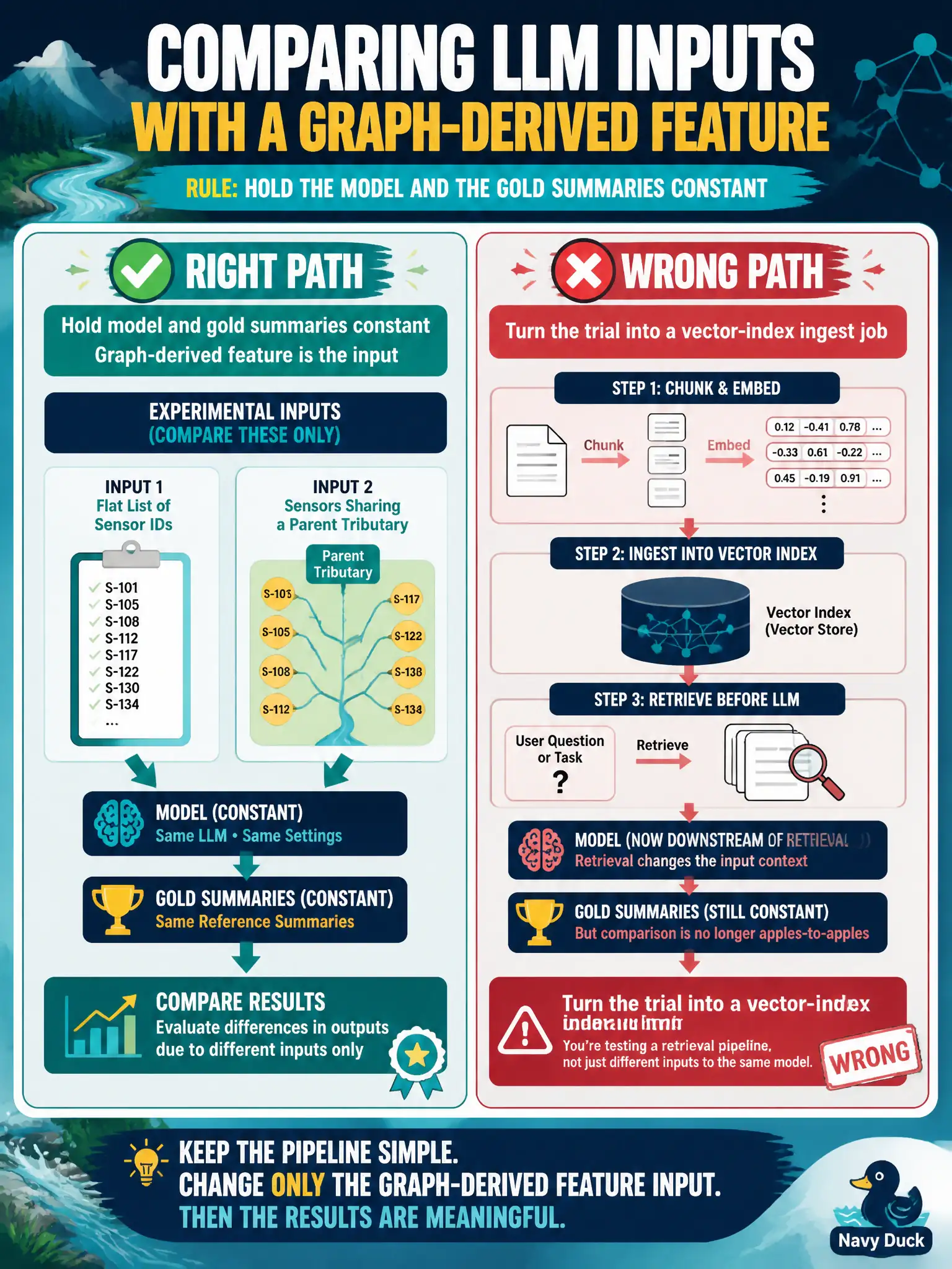 To Create an exciting colorful infographic that explains the concepts in the question: Question: A watershed desk can feed an LLM either a flat list of sensor IDs or a short description of which sensors share a parent tributary — a graph-derived feature. They want to know which input helps a downstream summary. How should they compare those inputs? Correct Answer: Hold the model and the gold summaries constant and treat the graph-derived feature as the experimental input. Do not turn the trial into a vector-index ingest job. Put EVERY visible label in double quotes. No people. No A/B/C/D letters. In one of the four corners put a little "Navy Duck".