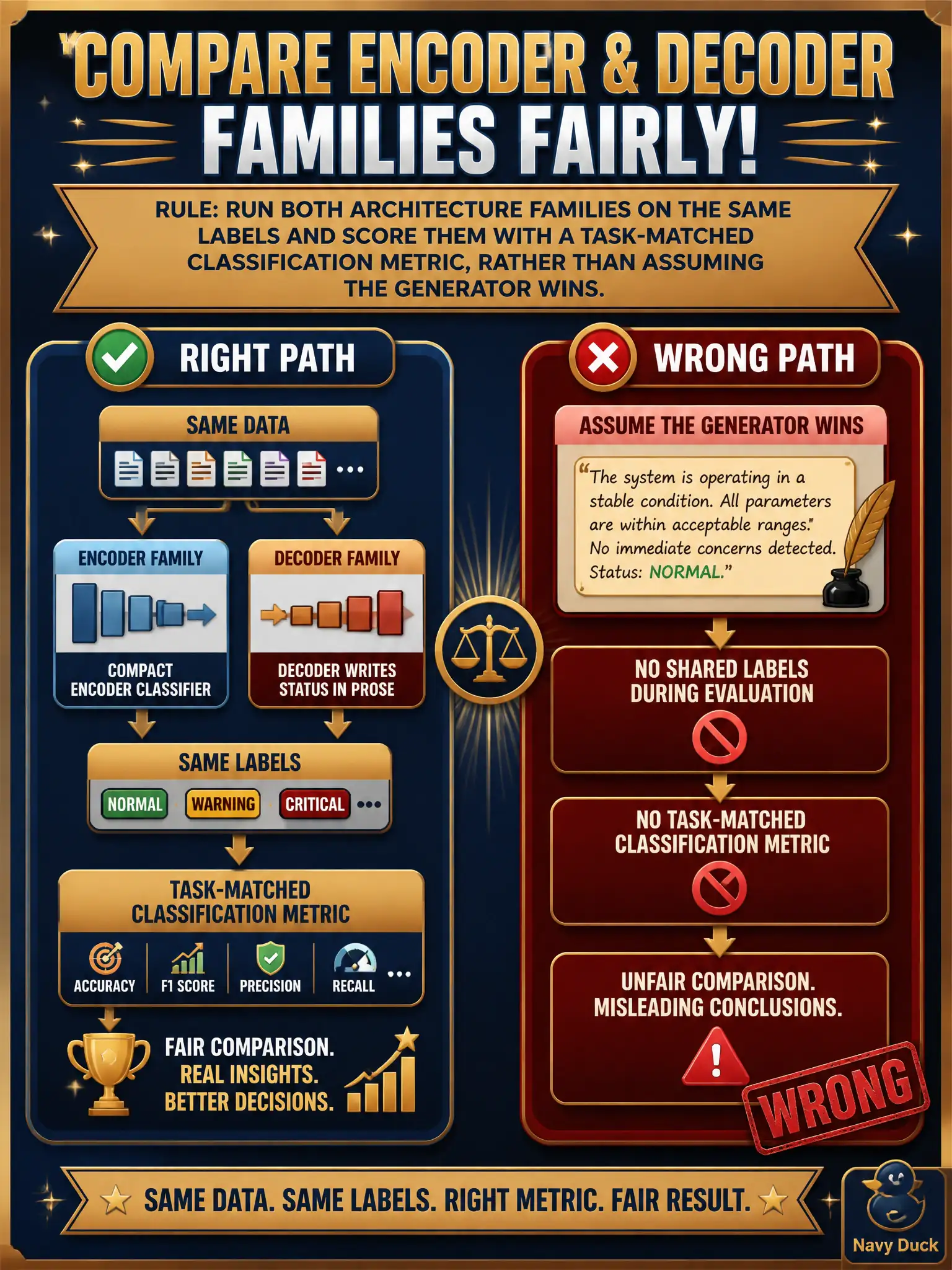 To Create an exciting colorful infographic that explains the concepts in the question: Question: A licensing desk has a small labeled set of permit-status notes. One camp wants a compact encoder classifier; the other wants a decoder that writes the status in prose. How should they compare the two families? Correct Answer: Run both architecture families on the same labels and score them with a task-matched classification metric, rather than assuming the generator wins. Put EVERY visible label in double quotes. No people. No A/B/C/D letters. In one of the four corners put a little "Navy Duck".