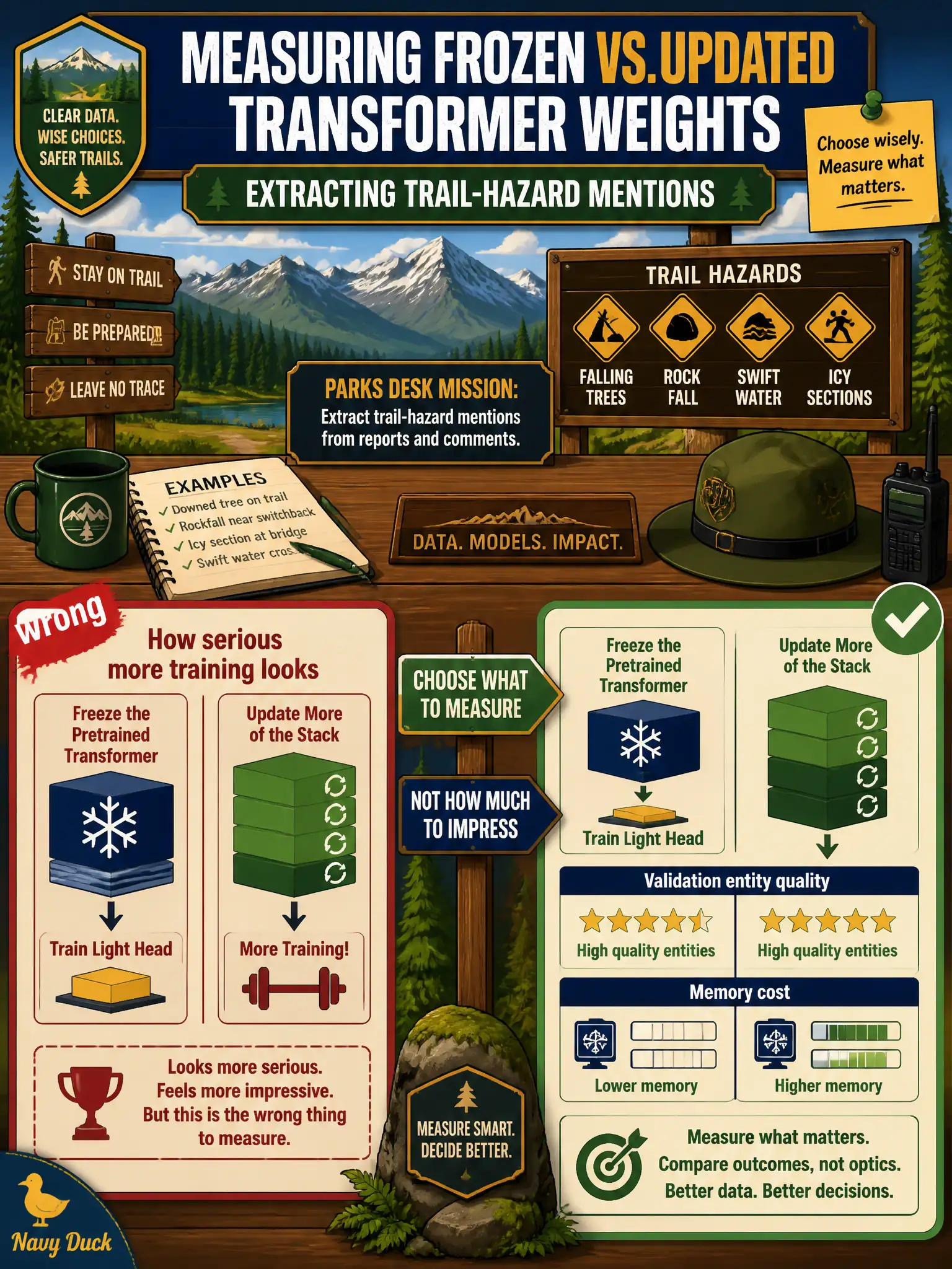 To Create an exciting colorful infographic that explains the concepts in the question: Question: A parks desk extracts trail-hazard mentions from ranger notes. Staff can freeze the pretrained transformer and train a light head, or they can update more of the stack. What should that experiment measure? Correct Answer: Compare frozen versus updated transformer weights on validation entity quality and memory cost, not on how serious more training looks. Put EVERY visible label in double quotes. No people. No A/B/C/D letters. In one of the four corners put a little "Navy Duck".