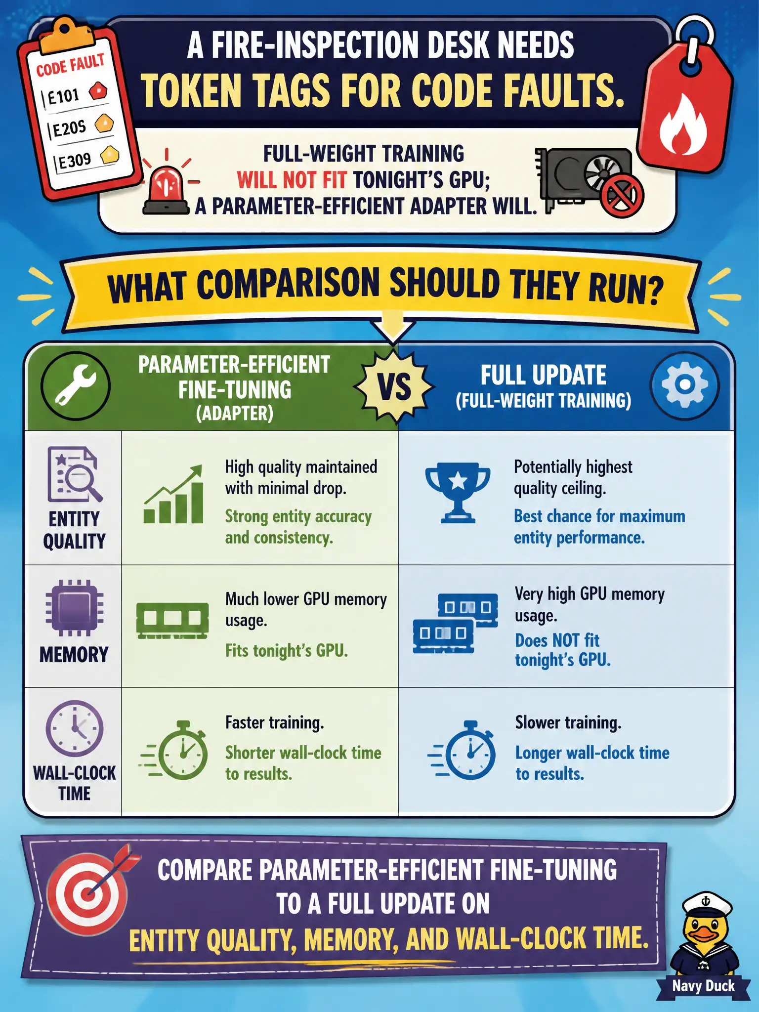 To Create an exciting colorful infographic that explains the concepts in the question: Question: A fire-inspection desk needs token tags for code faults. Full-weight training will not fit tonight's GPU; a parameter-efficient adapter will. What comparison should they run? Correct Answer: Compare parameter-efficient fine-tuning to a full update on entity quality, memory, and wall-clock time. Put EVERY visible label in double quotes. No people. No A/B/C/D letters. In one of the four corners put a little "Navy Duck".