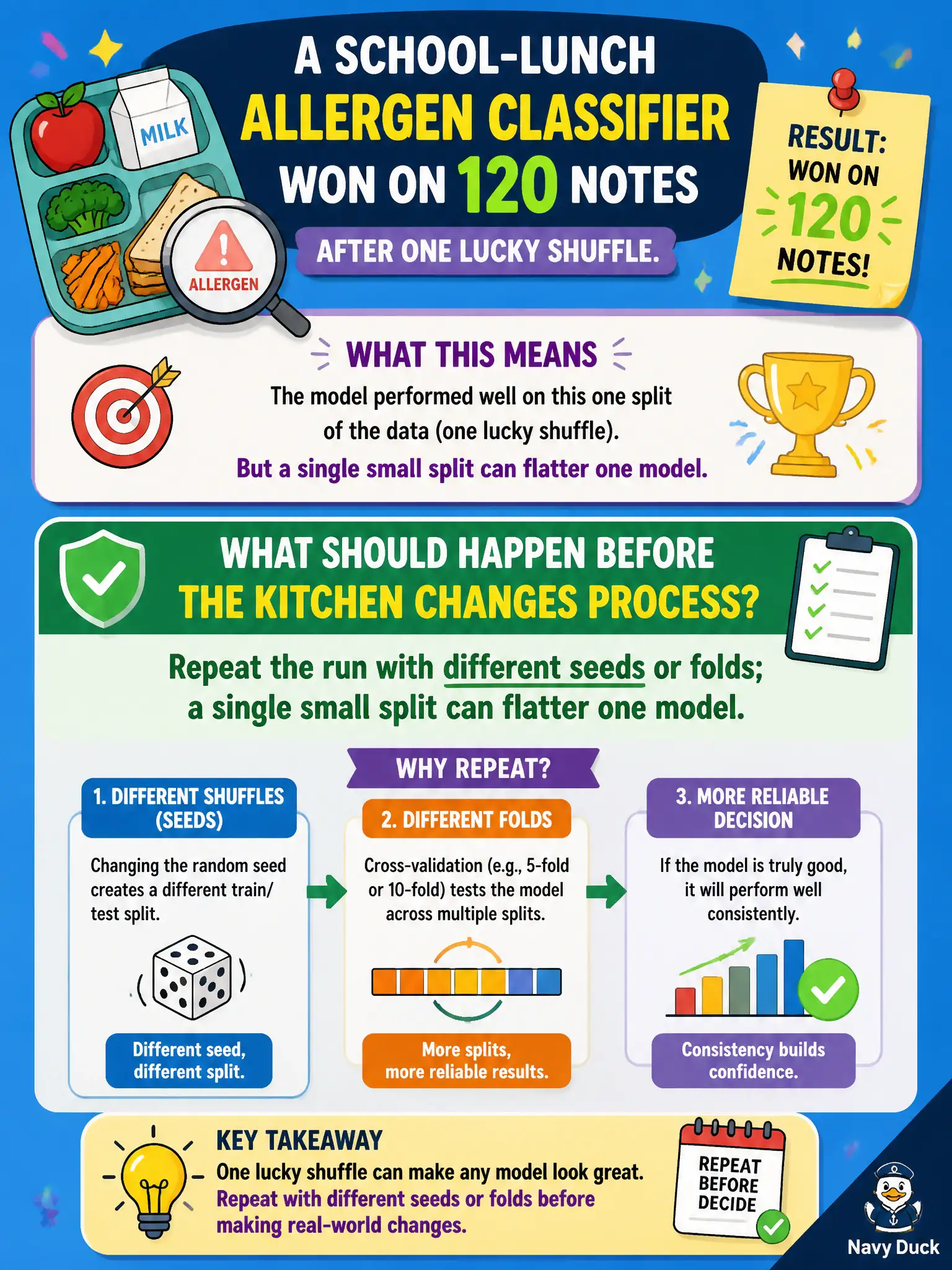 To Create an exciting colorful infographic that explains the concepts in the question: Question: A school-lunch allergen classifier won on 120 notes after one lucky shuffle. What should happen before the kitchen changes process? Correct Answer: Repeat the run with different seeds or folds; a single small split can flatter one model. Put EVERY visible label in double quotes. No people. No A/B/C/D letters. In one of the four corners put a little "Navy Duck".
