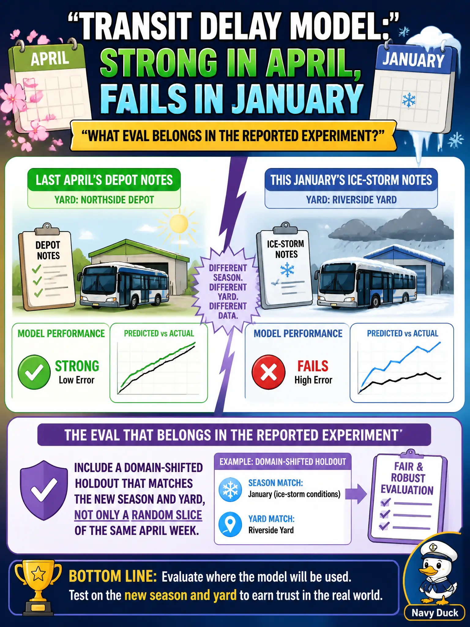 To Create an exciting colorful infographic that explains the concepts in the question: Question: A transit delay model looks strong on last April's depot notes and fails on this January's ice-storm notes from another yard. What eval belongs in the reported experiment? Correct Answer: Include a domain-shifted holdout that matches the new season and yard, not only a random slice of the same April week. Put EVERY visible label in double quotes. No people. No A/B/C/D letters. In one of the four corners put a little "Navy Duck".