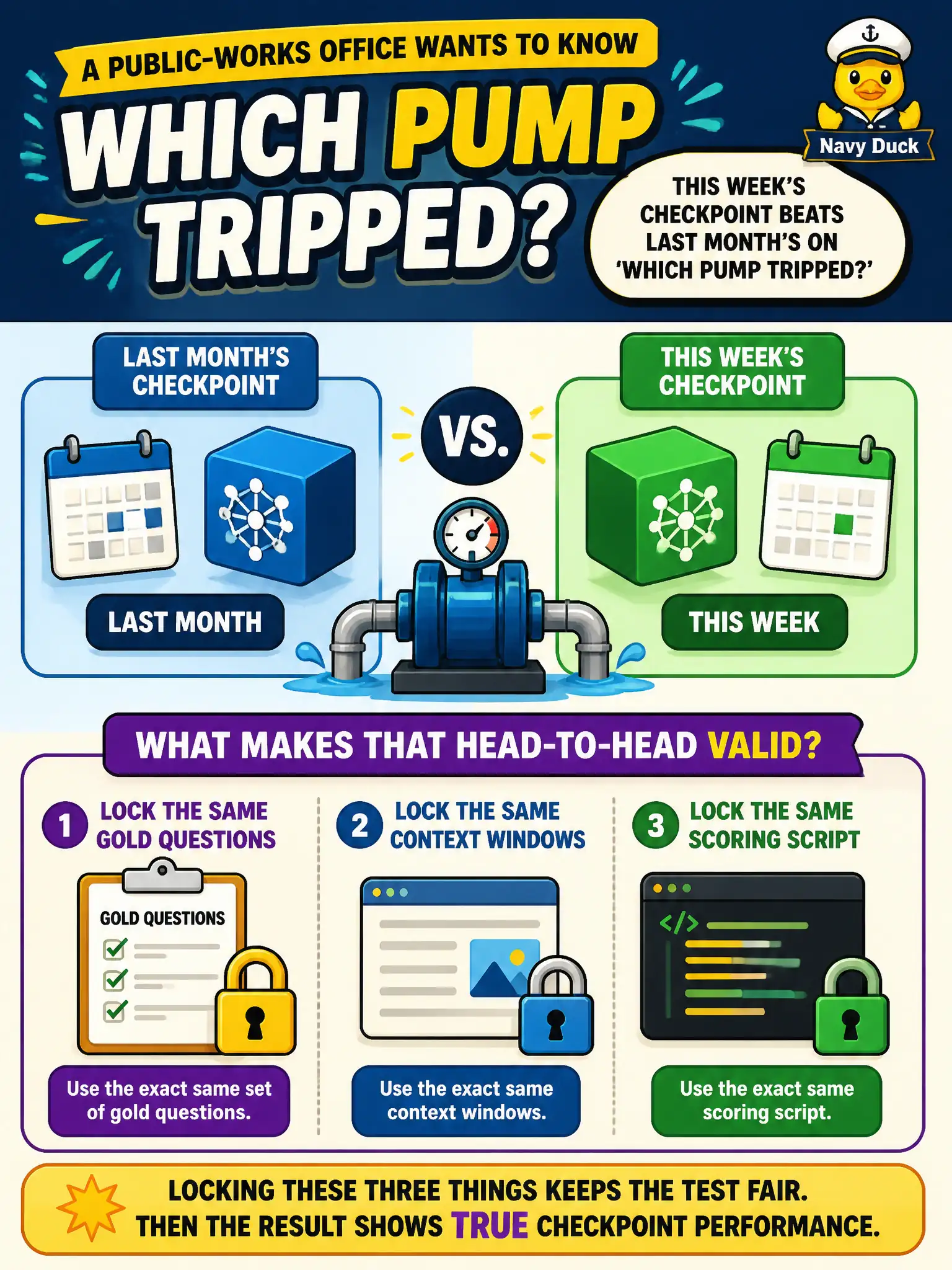To Create an exciting colorful infographic that explains the concepts in the question: Question: A public-works office wants to know whether this week's checkpoint beats last month's on 'which pump tripped?' What makes that head-to-head valid? Correct Answer: Lock the same gold questions, the same context windows, and the same scoring script for both checkpoints. Put EVERY visible label in double quotes. No people. No A/B/C/D letters. In one of the four corners put a little "Navy Duck".