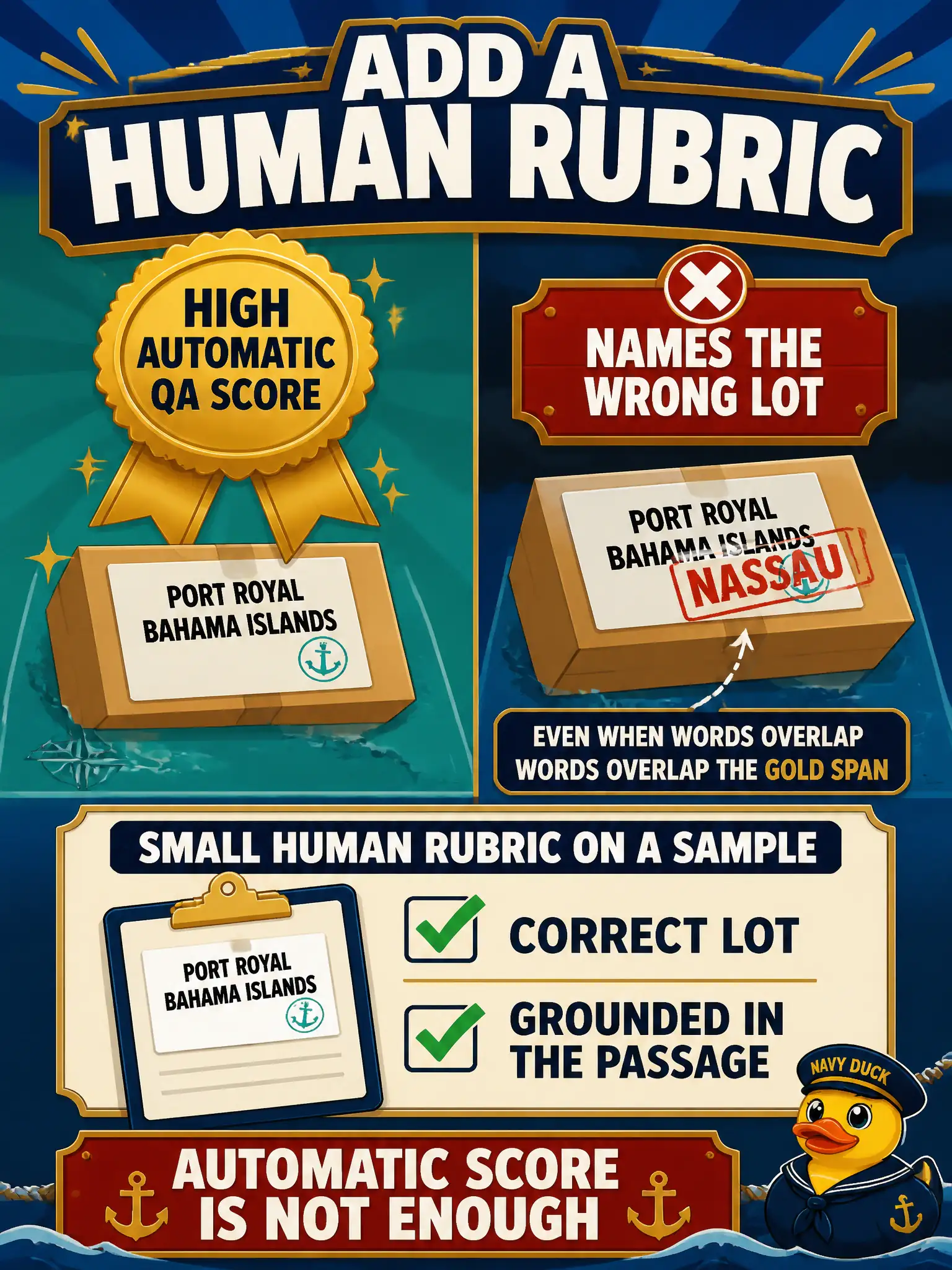To Create an exciting colorful infographic that explains the concepts in the question: Question: A parcel-lookup helper has a high automatic QA score, but clerks say it names the wrong lot even when a few words overlap the gold span. What should the experiment add? Correct Answer: Add a small human rubric on a sample that checks the correct lot and whether the answer is grounded in the passage. Put EVERY visible label in double quotes. No people. No A/B/C/D letters. In one of the four corners put a little "Navy Duck".