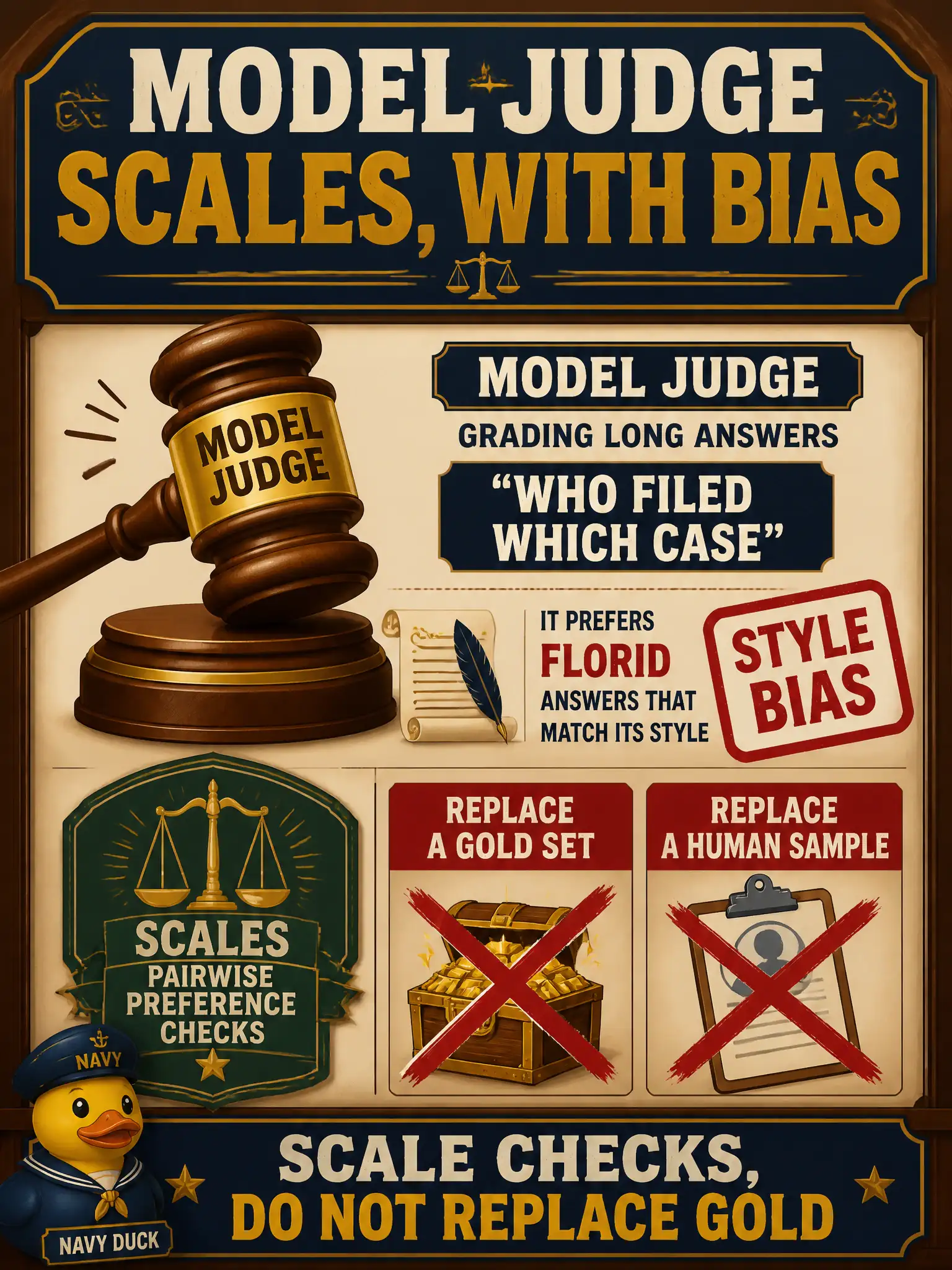 To Create an exciting colorful infographic that explains the concepts in the question: Question: A complaint archive uses a second language model to grade long answers about who filed which case. The judge prefers florid answers that match its own style. What is that judge good for at associate depth? Correct Answer: A model judge can scale pairwise preference checks, but it inherits style bias and does not replace a gold set or a human sample. Put EVERY visible label in double quotes. No people. No A/B/C/D letters. In one of the four corners put a little "Navy Duck".