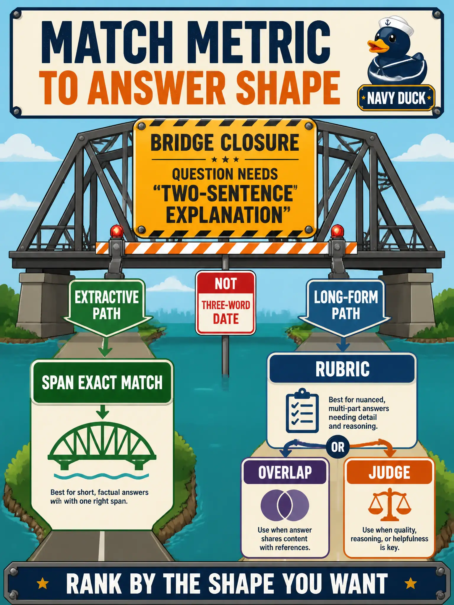 To Create an exciting colorful infographic that explains the concepts in the question: Question: A bridge-closure question needs a two-sentence explanation of why the span closed, not a three-word date. How should the models be ranked? Correct Answer: Match the metric family to answer shape: span exact match for extractive answers, and a rubric with optional overlap or a judge for long-form answers. Put EVERY visible label in double quotes. No people. No A/B/C/D letters. In one of the four corners put a little "Navy Duck".