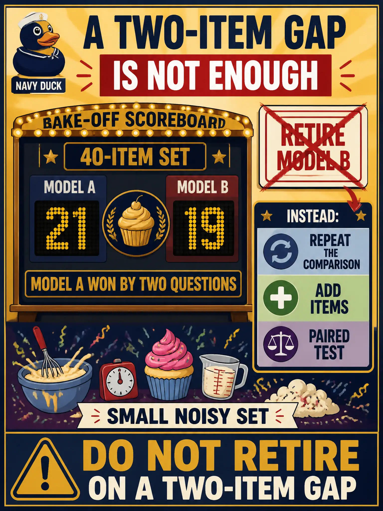 To Create an exciting colorful infographic that explains the concepts in the question: Question: A permit-desk QA bake-off used sampling; model A won by two questions on a 40-item set. What should happen before they retire model B? Correct Answer: Repeat the comparison, or add items or a paired test; a two-item gap on a small noisy set is not enough. Put EVERY visible label in double quotes. No people. No A/B/C/D letters. In one of the four corners put a little "Navy Duck".