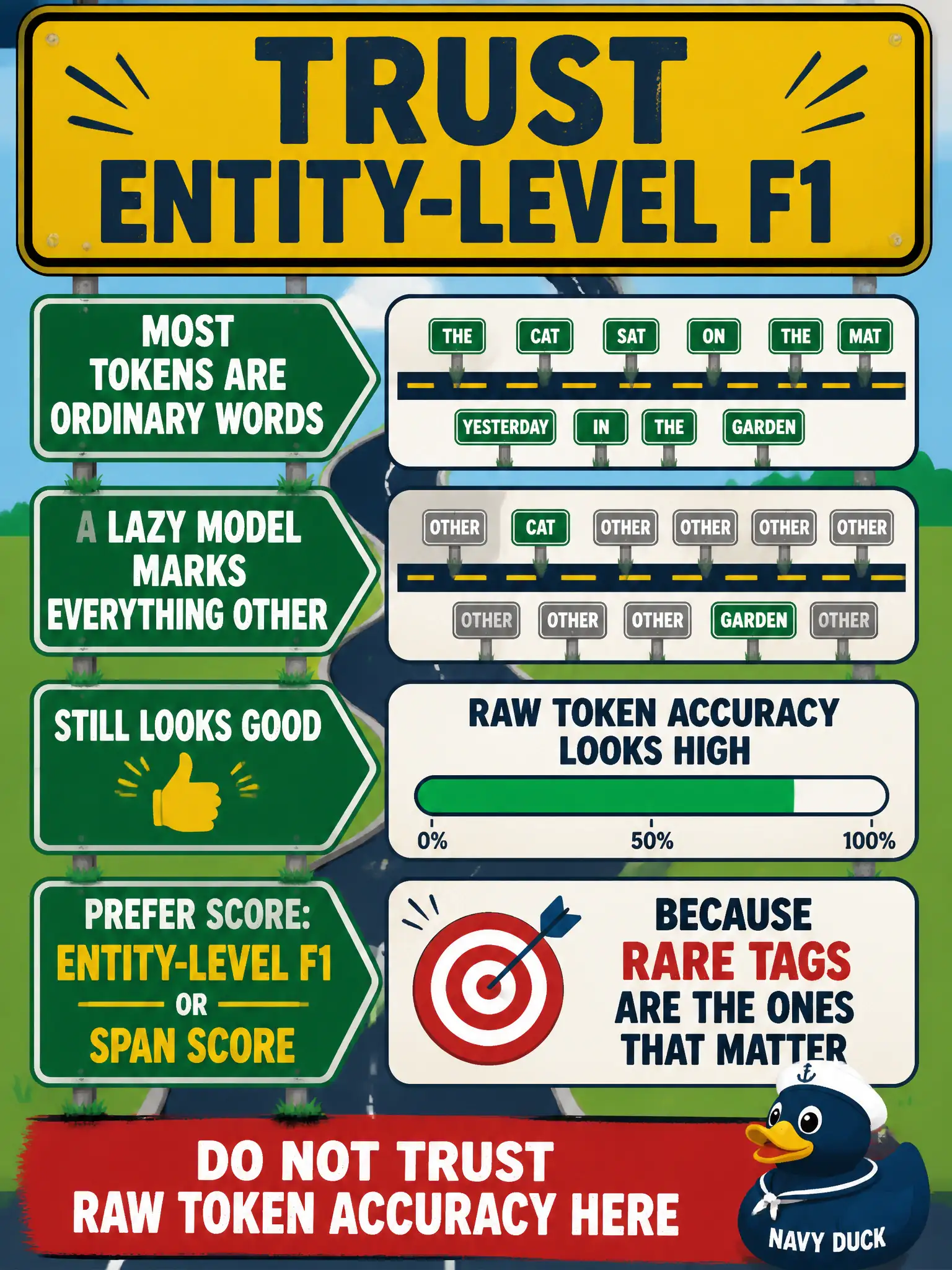 To Create an exciting colorful infographic that explains the concepts in the question: Question: A street-sign project tags asset names. Most tokens are ordinary words, so a model that marks everything other looks accurate. Which score should they trust? Correct Answer: Prefer entity-level F1, or an equivalent span score, over raw token accuracy when rare tags are the ones that matter. Put EVERY visible label in double quotes. No people. No A/B/C/D letters. In one of the four corners put a little "Navy Duck".