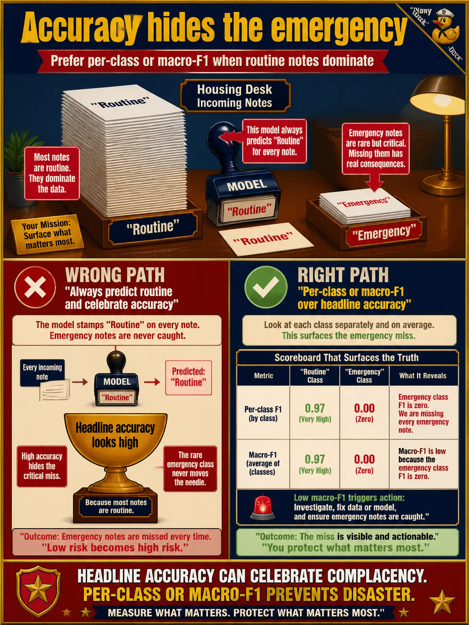 To Create an exciting colorful infographic that explains the concepts in the question: Question: A housing desk classifies emergency versus routine notes. Routine notes dominate, and a model that always predicts routine looks accurate while missing every emergency. Which metric surfaces the rare class? Correct Answer: On skewed text classification, prefer per-class or macro-F1 over headline accuracy. Put EVERY visible label in double quotes. No people. No A/B/C/D letters. In one of the four corners put a little "Navy Duck".