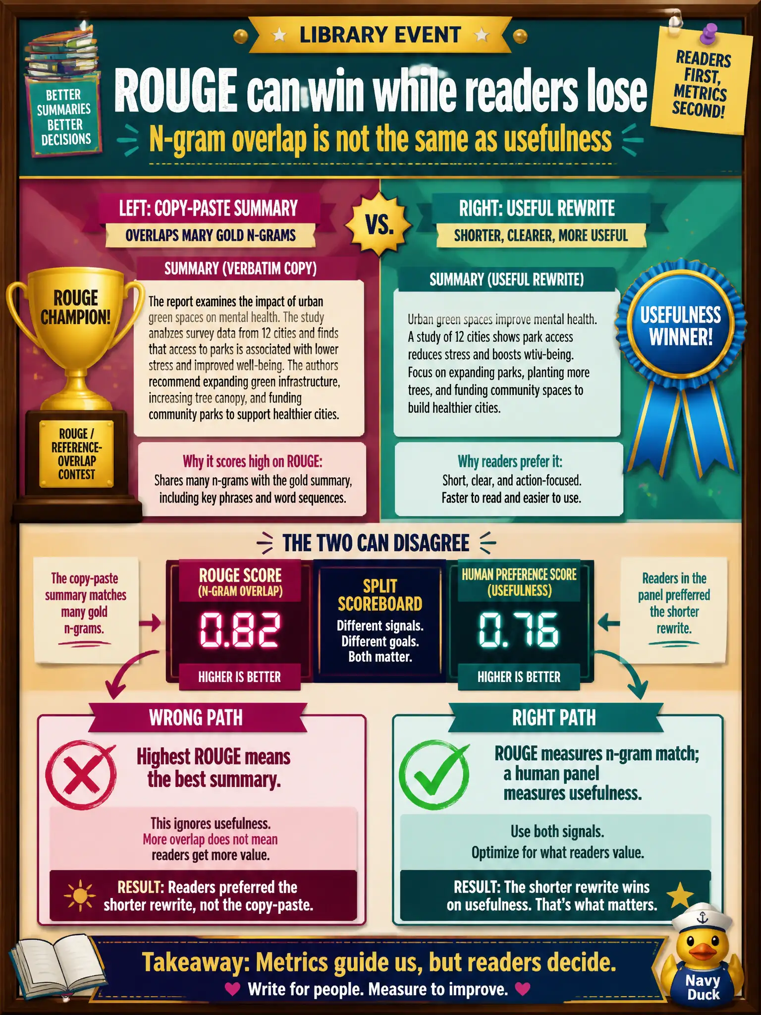 To Create an exciting colorful infographic that explains the concepts in the question: Question: A library-event bulletin summarizer wins a reference-overlap contest by copying sentences, while readers prefer a shorter rewrite that a human panel ranks higher. What do those two scores mean? Correct Answer: Reference-overlap scores such as ROUGE measure n-gram match to a gold summary; a human preference panel measures usefulness, and the two can disagree. Put EVERY visible label in double quotes. No people. No A/B/C/D letters. In one of the four corners put a little "Navy Duck".