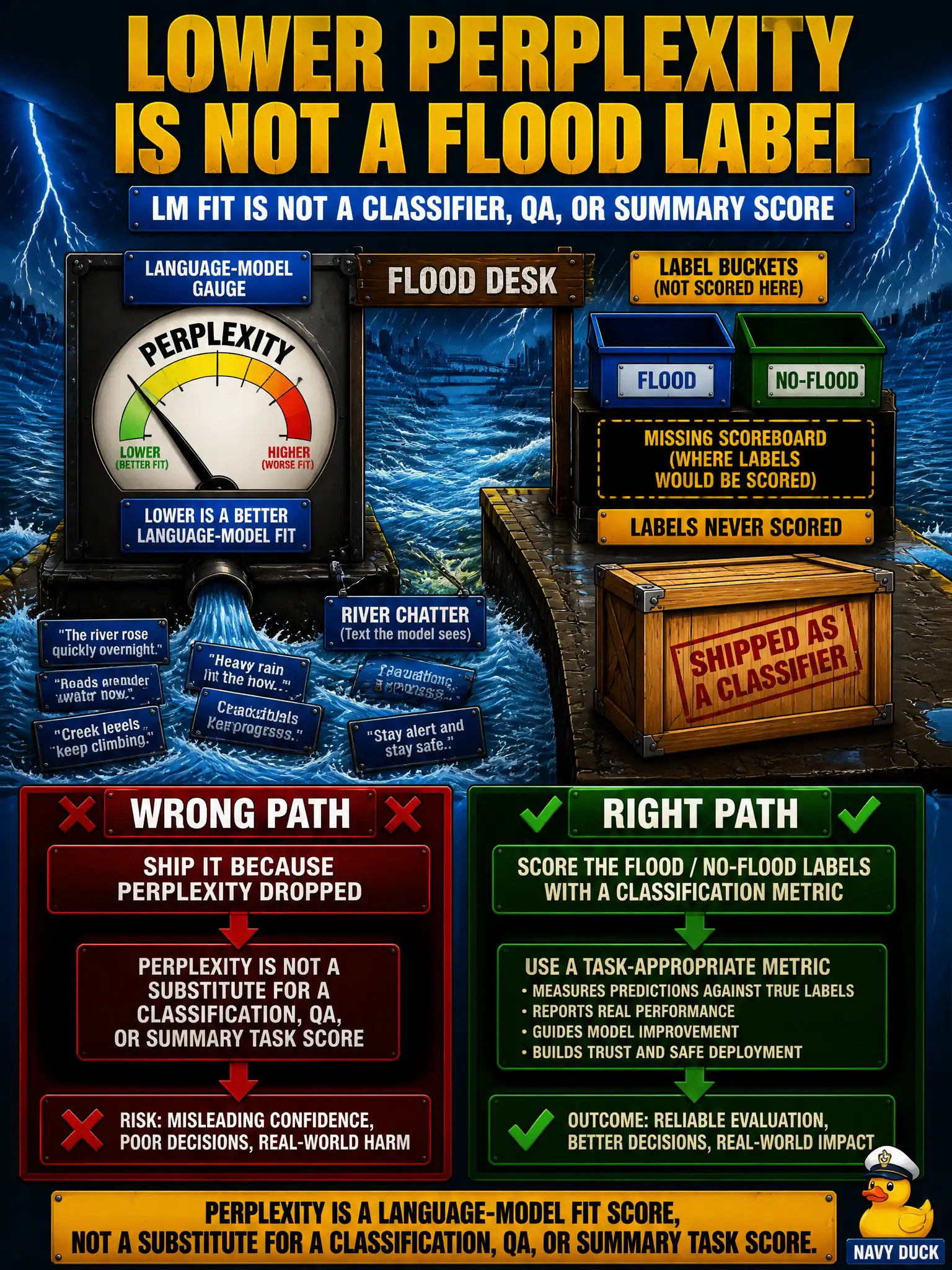 To Create an exciting colorful infographic that explains the concepts in the question: Question: A flood desk brags that an adapted model has lower perplexity on river chatter, then ships it as a flood / no-flood classifier without scoring those labels. What did they mix up? Correct Answer: Perplexity, where lower is a better language-model fit, is not a substitute for a classification, QA, or summary task score. Put EVERY visible label in double quotes. No people. No A/B/C/D letters. In one of the four corners put a little "Navy Duck".