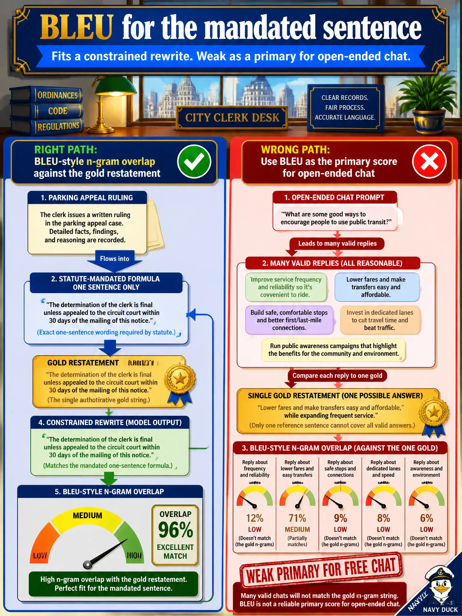 To Create an exciting colorful infographic that explains the concepts in the question: Question: A city clerk must recast each parking-appeal ruling into a statute-mandated one-sentence formula that already has a gold restatement. Which automatic metric is a reasonable primary score for that constrained rewrite, yet a weak primary for open-ended chat? Correct Answer: A BLEU-style n-gram overlap against the gold restatement — it fits translation-like constrained generation, not free chat. Put EVERY visible label in double quotes. No people. No A/B/C/D letters. In one of the four corners put a little "Navy Duck".