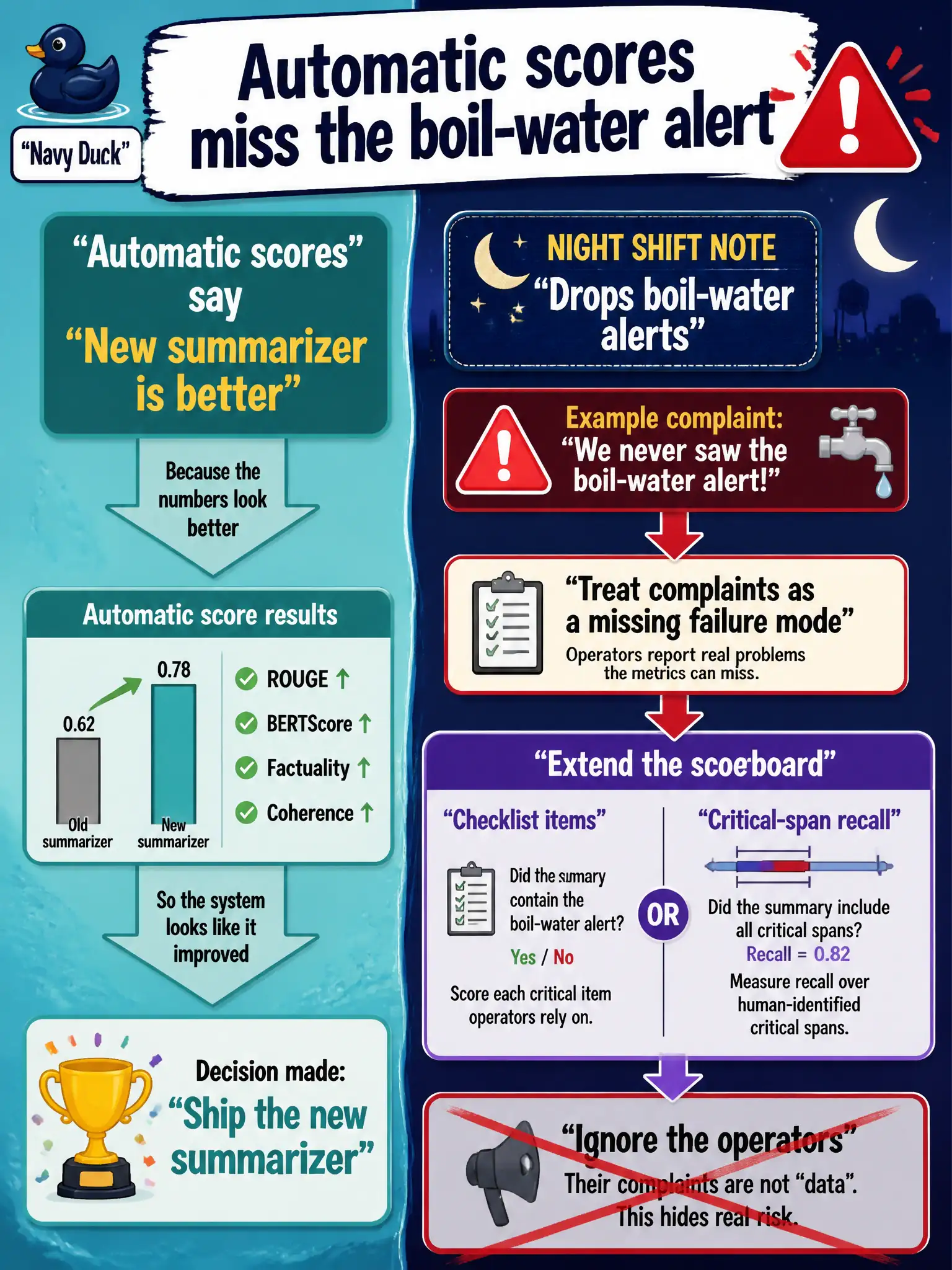 To Create an exciting colorful infographic that explains the concepts in the question: Question: A municipal water desk's automatic scores say a new summarizer is better; night operators say it drops boil-water alerts. What should the experiment do? Correct Answer: Treat the complaints as a missing failure mode and extend the scoreboard with checklist items or critical-span recall instead of ignoring the operators. Put EVERY visible label in double quotes. No people. No A/B/C/D letters. In one of the four corners put a little "Navy Duck".