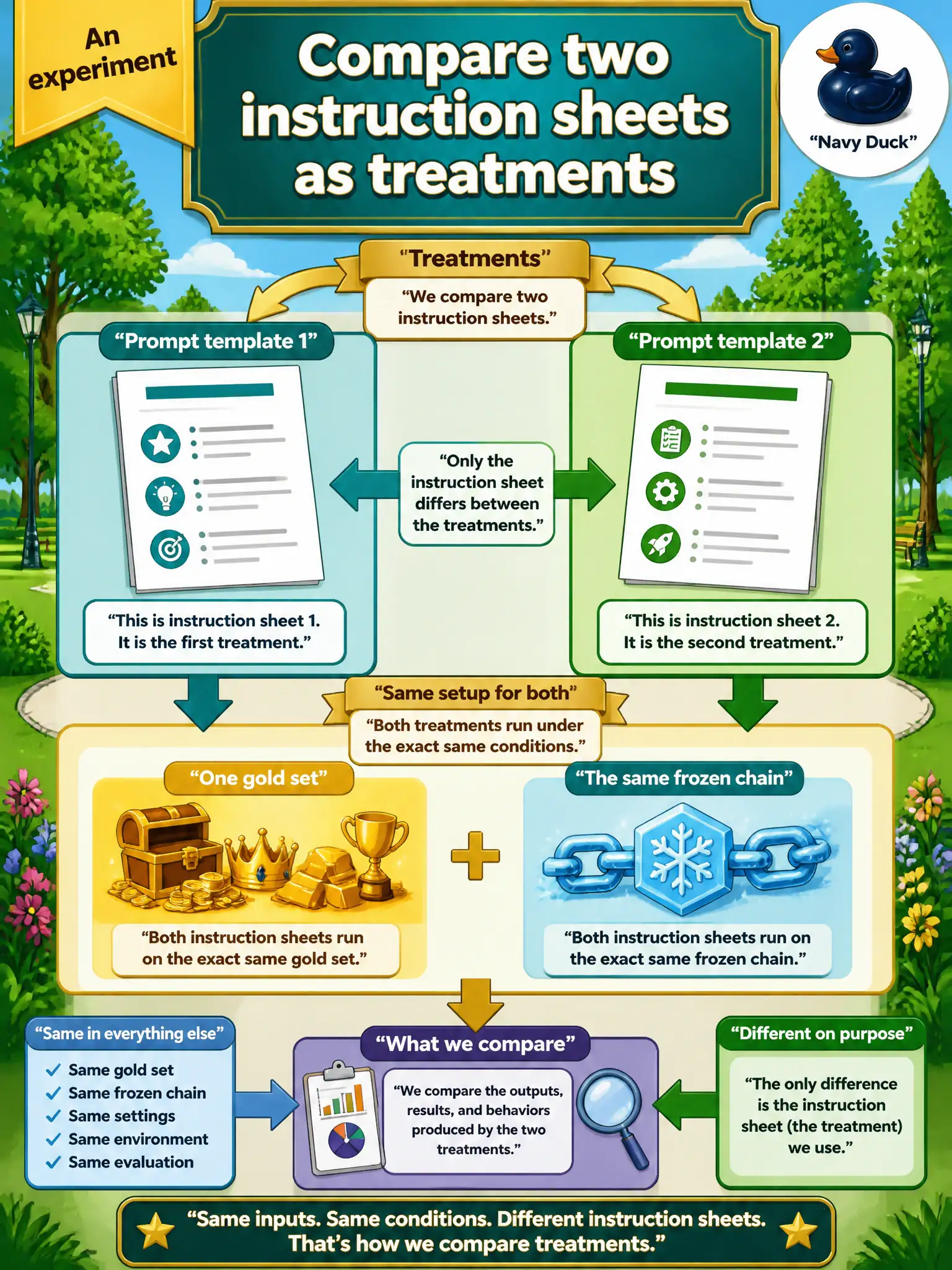 To Create an exciting colorful infographic that explains the concepts in the question: Question: A city parks reservation desk has two standing instruction sheets for the same LangChain job. How should they compare those sheets? Correct Answer: Run the two prompt templates as treatments on one gold set inside the same frozen chain — an experiment, not a prompt-pattern vocabulary quiz. Put EVERY visible label in double quotes. No people. No A/B/C/D letters. In one of the four corners put a little "Navy Duck".