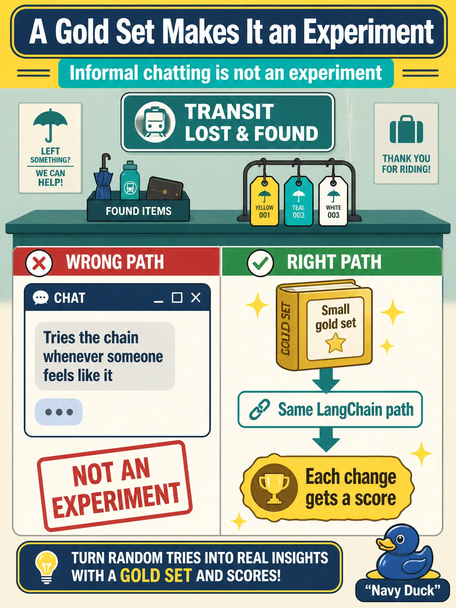 To Create an exciting colorful infographic that explains the concepts in the question: Question: A transit lost-and-found desk tries the chain in a chat window whenever someone feels like it. What turns that habit into an experiment? Correct Answer: A small gold set replayed through the same LangChain path so each change gets a score — informal chatting is not an experiment. Put EVERY visible label in double quotes. No people. No A/B/C/D letters. In one of the four corners put a little "Navy Duck".