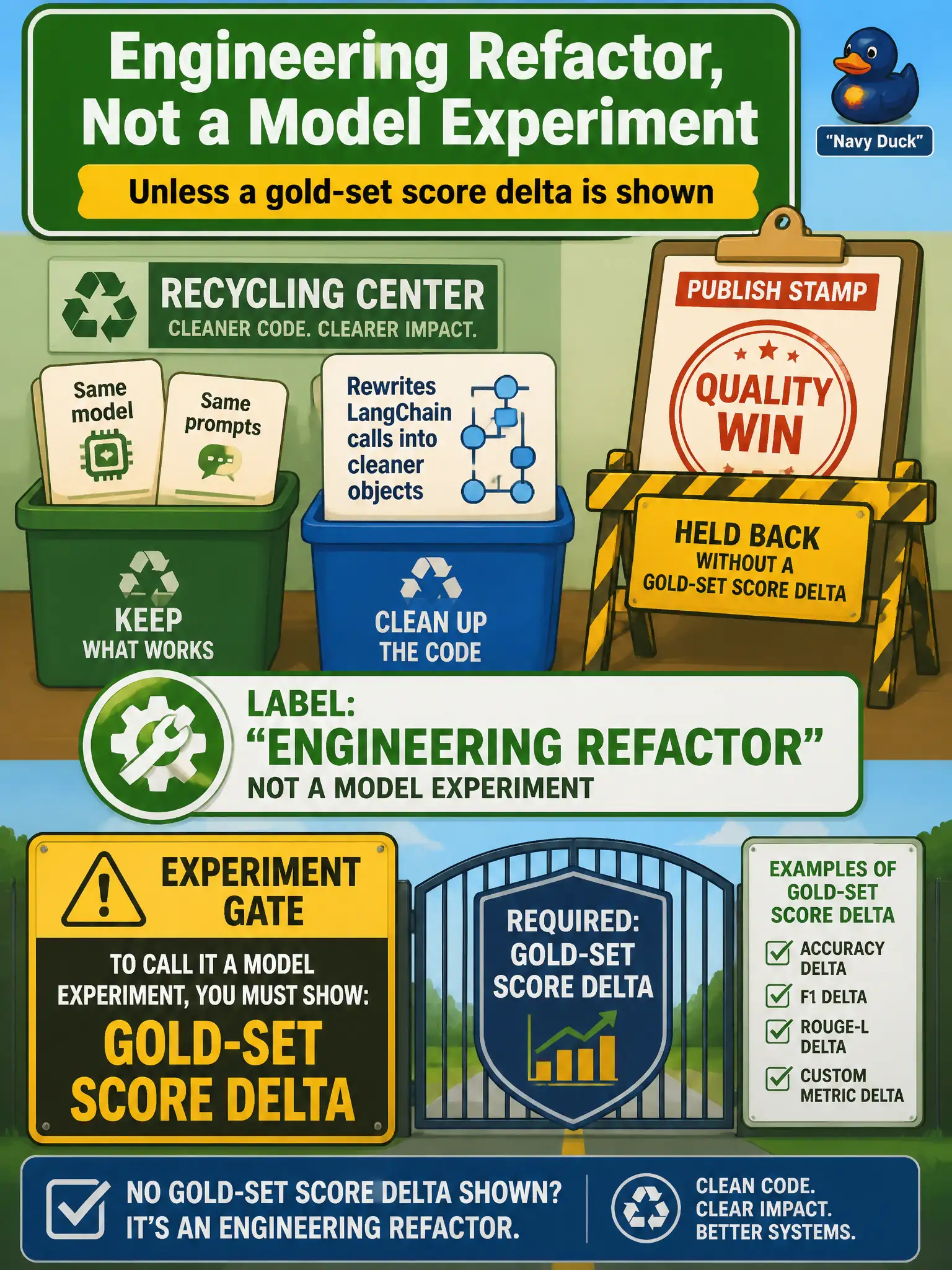 To Create an exciting colorful infographic that explains the concepts in the question: Question: A recycling-center desk rewrites LangChain calls into cleaner objects, keeps the model and prompts the same, and wants to publish a quality win. How should that change be labeled? Correct Answer: An engineering refactor — not a model experiment — unless a gold-set score delta is shown. Put EVERY visible label in double quotes. No people. No A/B/C/D letters. In one of the four corners put a little "Navy Duck".