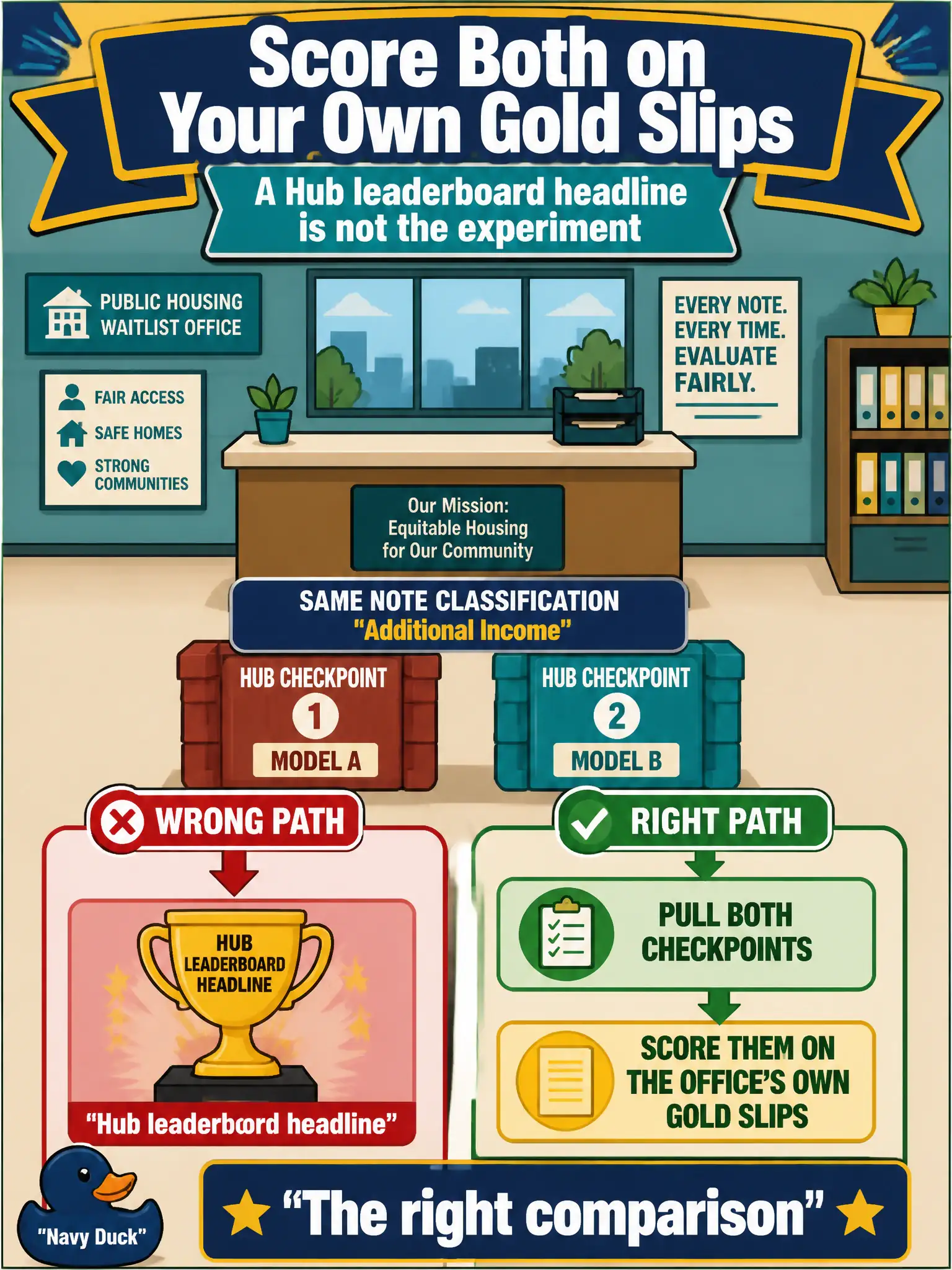 To Create an exciting colorful infographic that explains the concepts in the question: Question: A public-housing waitlist office finds two Hub models tagged for the same kind of note classification. What is the right comparison? Correct Answer: Pull both checkpoints and score them on the office's own gold slips — do not treat a Hub leaderboard headline as the experiment. Put EVERY visible label in double quotes. No people. No A/B/C/D letters. In one of the four corners put a little "Navy Duck".