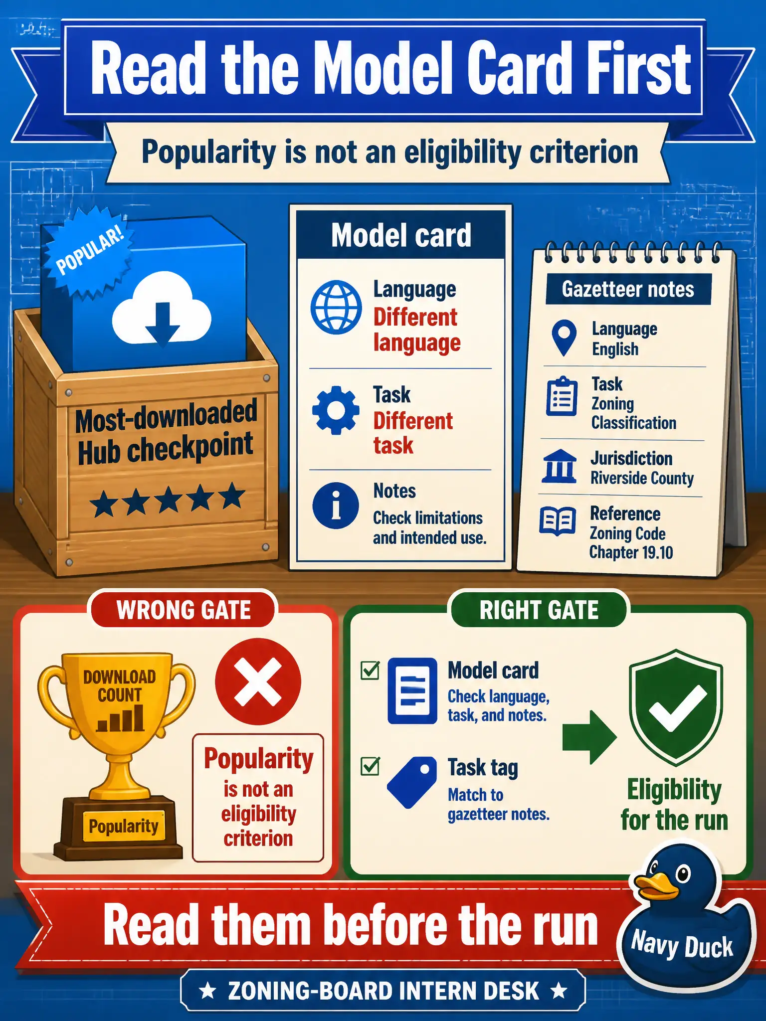 To Create an exciting colorful infographic that explains the concepts in the question: Question: A zoning-board intern grabs the most-downloaded Hub checkpoint even though the model card describes a different language and task than their gazetteer notes. What should decide eligibility for the run? Correct Answer: The model card and task tag — read them before the run; popularity is not an eligibility criterion. Put EVERY visible label in double quotes. No people. No A/B/C/D letters. In one of the four corners put a little "Navy Duck".