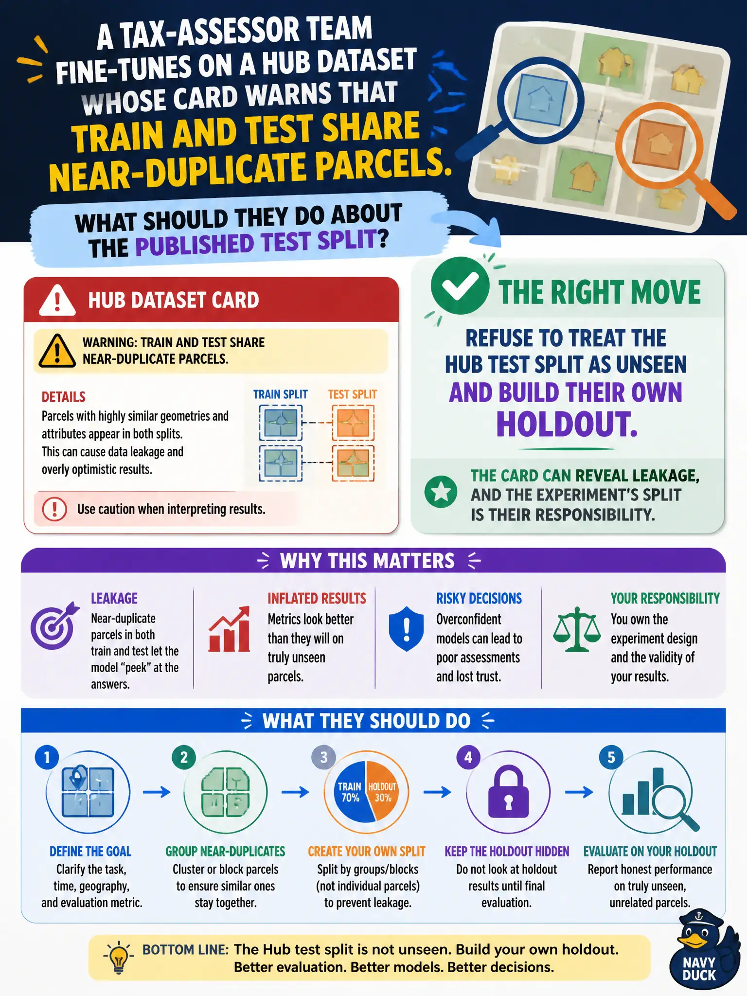 To Create an exciting colorful infographic that explains the concepts in the question: Question: A tax-assessor team fine-tunes on a Hub dataset whose card warns that train and test share near-duplicate parcels. What should they do about the published test split? Correct Answer: Refuse to treat the Hub test split as unseen and build their own holdout — the card can reveal leakage, and the experiment's split is their responsibility. Put EVERY visible label in double quotes. No people. No A/B/C/D letters. In one of the four corners put a little "Navy Duck".