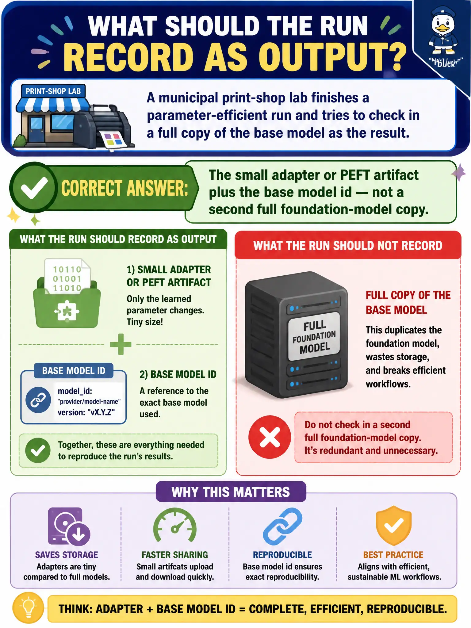 To Create an exciting colorful infographic that explains the concepts in the question: Question: A municipal print-shop lab finishes a parameter-efficient run and tries to check in a full copy of the base model as the result. What should the run record as output? Correct Answer: The small adapter or PEFT artifact plus the base model id — not a second full foundation-model copy. Put EVERY visible label in double quotes. No people. No A/B/C/D letters. In one of the four corners put a little "Navy Duck".