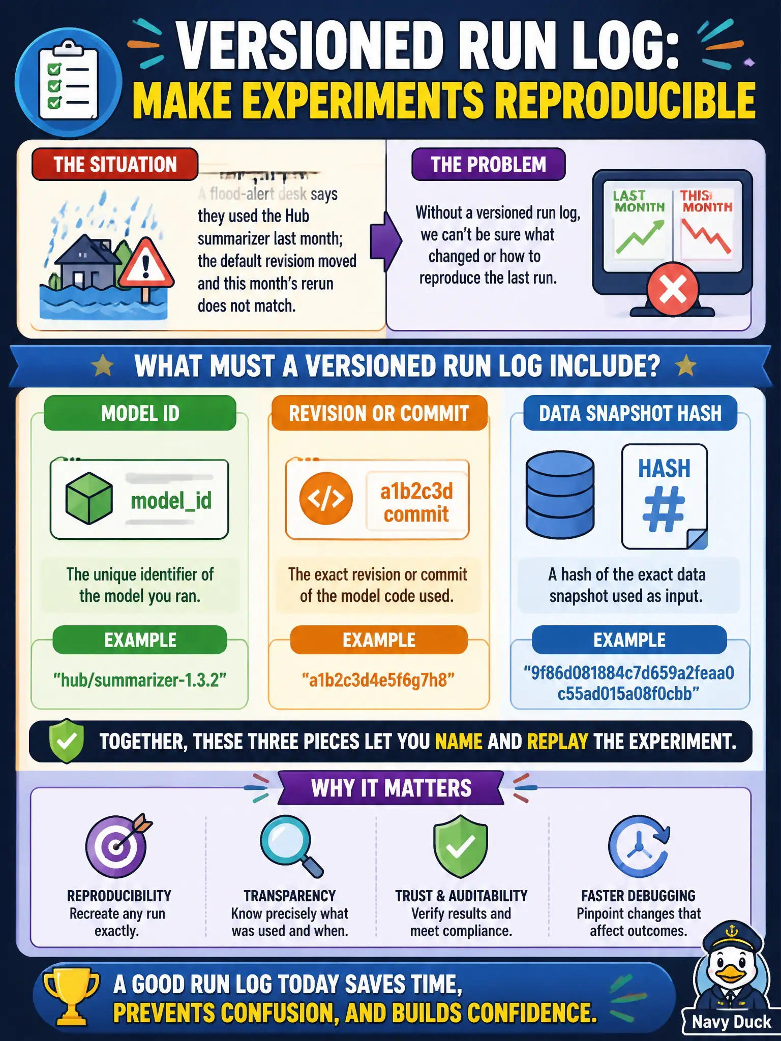 To Create an exciting colorful infographic that explains the concepts in the question: Question: A flood-alert desk says they used the Hub summarizer last month; the default revision moved and this month's rerun does not match. What must a versioned run log include? Correct Answer: Model id, revision or commit, and a data snapshot hash so the experiment can be named and replayed. Put EVERY visible label in double quotes. No people. No A/B/C/D letters. In one of the four corners put a little "Navy Duck".