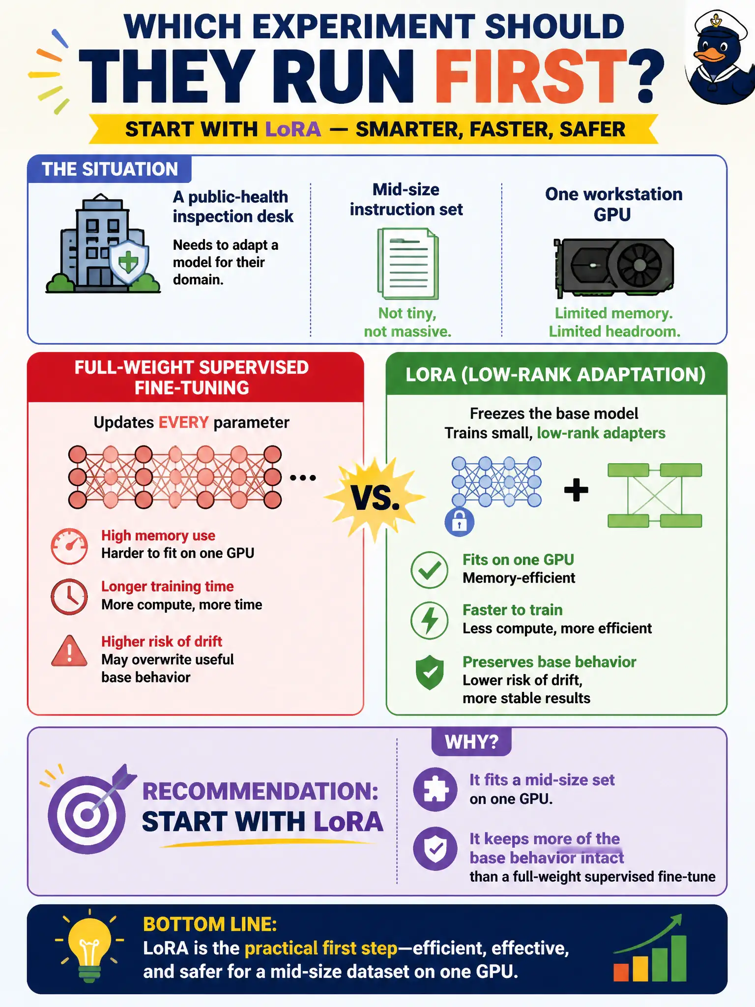 To Create an exciting colorful infographic that explains the concepts in the question: Question: A public-health inspection desk has a mid-size instruction set and one workstation GPU. Full-weight supervised fine-tuning would update every parameter; LoRA would freeze the base and train low-rank adapters. Which experiment should they run first, and why? Correct Answer: Start with LoRA — it fits a mid-size set on one GPU and keeps more of the base behavior intact than a full-weight supervised fine-tune. Put EVERY visible label in double quotes. No people. No A/B/C/D letters. In one of the four corners put a little "Navy Duck".