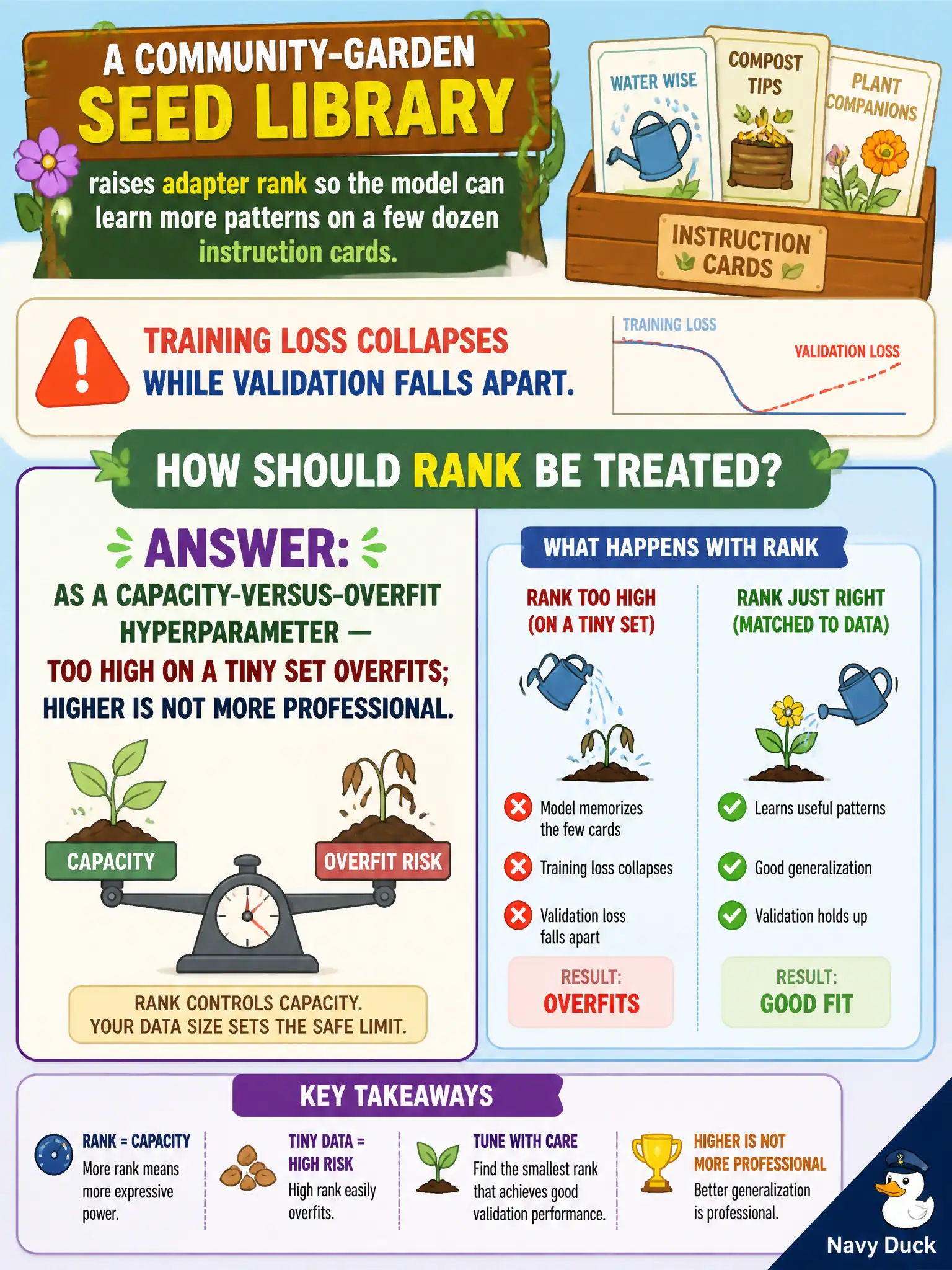 To Create an exciting colorful infographic that explains the concepts in the question: Question: A community-garden seed library raises adapter rank so the model can learn more patterns on a few dozen instruction cards. Training loss collapses while validation falls apart. How should rank be treated? Correct Answer: As a capacity-versus-overfit hyperparameter — too high on a tiny set overfits; higher is not more professional. Put EVERY visible label in double quotes. No people. No A/B/C/D letters. In one of the four corners put a little "Navy Duck".