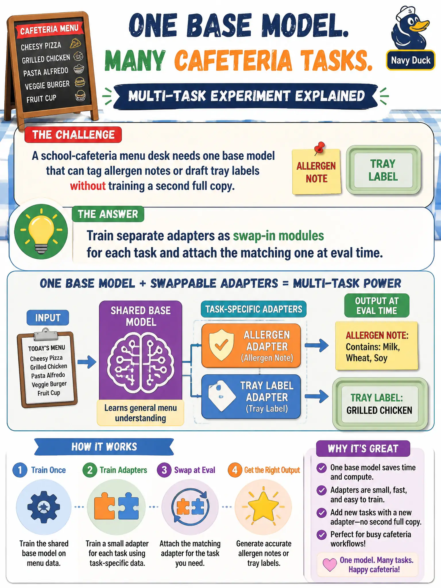 To Create an exciting colorful infographic that explains the concepts in the question: Question: A school-cafeteria menu desk needs one base model that can tag allergen notes or draft tray labels without training a second full copy. How can a multi-task experiment do that? Correct Answer: Train separate adapters as swap-in modules for each task and attach the matching one at eval time. Put EVERY visible label in double quotes. No people. No A/B/C/D letters. In one of the four corners put a little "Navy Duck".
