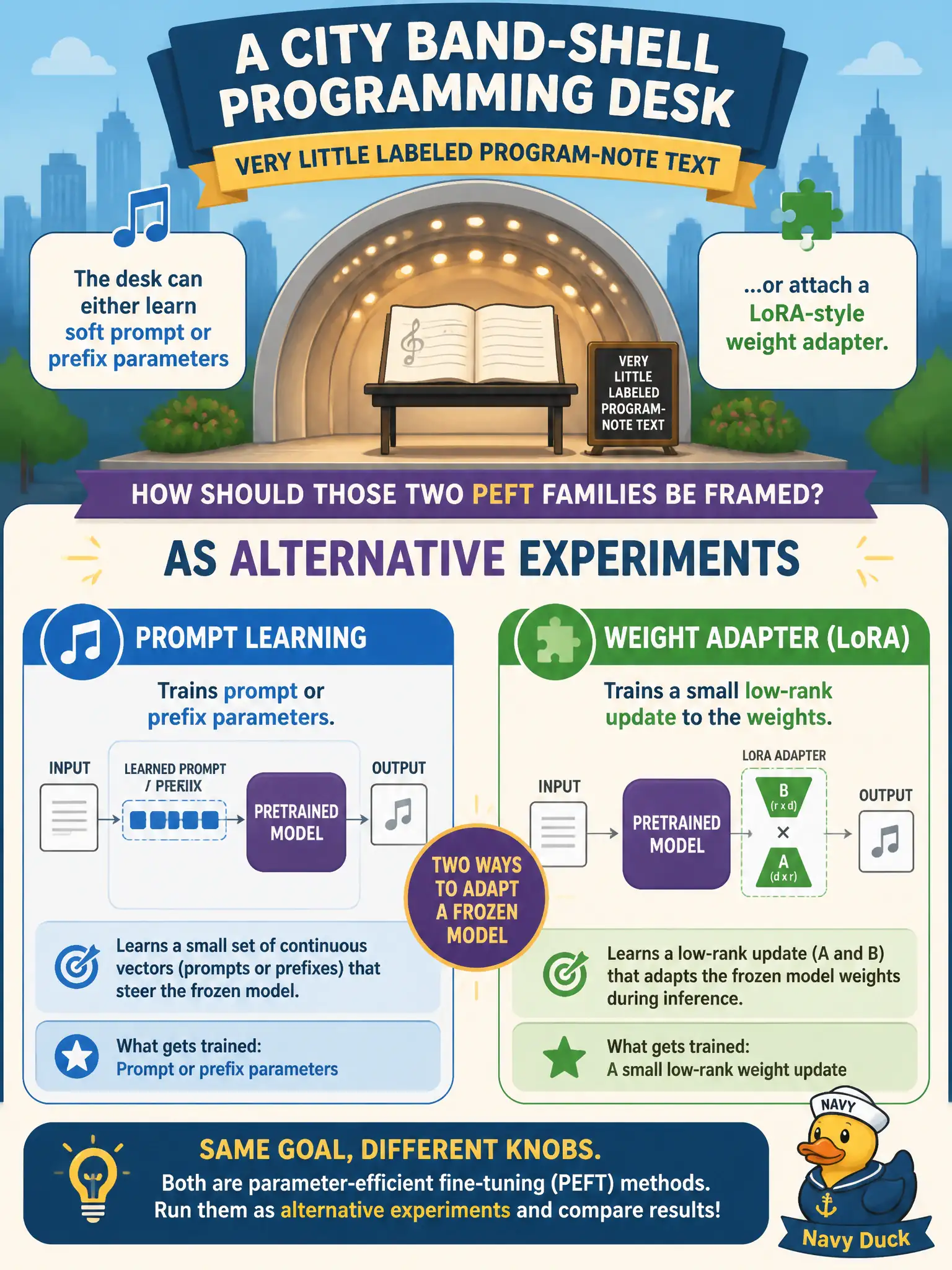 To Create an exciting colorful infographic that explains the concepts in the question: Question: A city band-shell programming desk has very little labeled program-note text and can either learn soft prompt or prefix parameters or attach a LoRA-style weight adapter. How should those two PEFT families be framed? Correct Answer: As alternative experiments — prompt learning trains prompt or prefix parameters; a weight adapter trains a small low-rank update to the weights. Put EVERY visible label in double quotes. No people. No A/B/C/D letters. In one of the four corners put a little "Navy Duck".