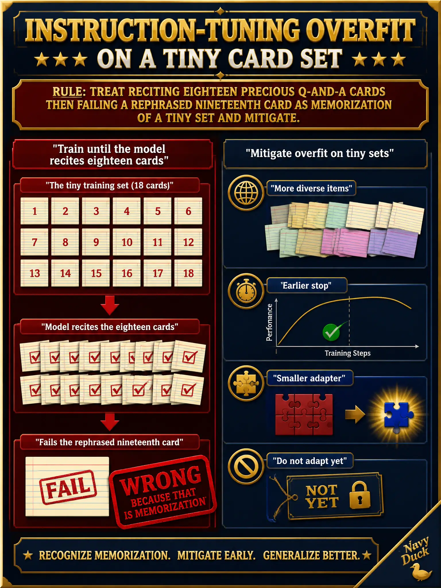 To Create an exciting colorful infographic that explains the concepts in the question: Question: A historical-society desk writes eighteen precious question-and-answer cards, trains until the model recites them, then fails on a rephrased nineteenth card. What experimental response fits this instruction-tuning overfit? Correct Answer: Treat it as memorization of a tiny set and mitigate — more diverse items, an earlier stop, a smaller adapter, or do not adapt yet. Put EVERY visible label in double quotes. No people. No A/B/C/D letters. In one of the four corners put a little "Navy Duck".