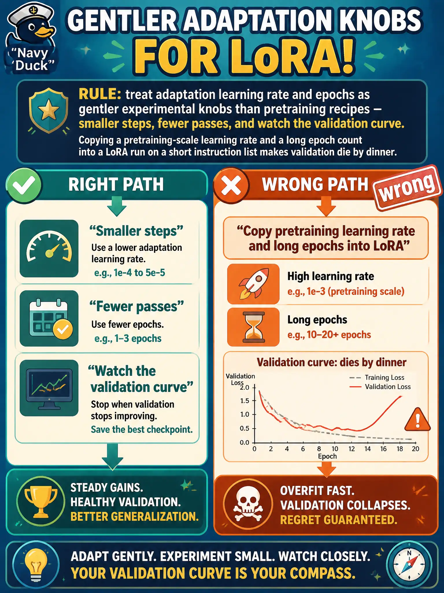 To Create an exciting colorful infographic that explains the concepts in the question: Question: A municipal millpond office copies a pretraining-scale learning rate and a long epoch count into a LoRA run on a short instruction list. Validation dies by dinner. What should change? Correct Answer: Treat adaptation learning rate and epochs as gentler experimental knobs than pretraining recipes — smaller steps, fewer passes, and watch the validation curve. Put EVERY visible label in double quotes. No people. No A/B/C/D letters. In one of the four corners put a little "Navy Duck".