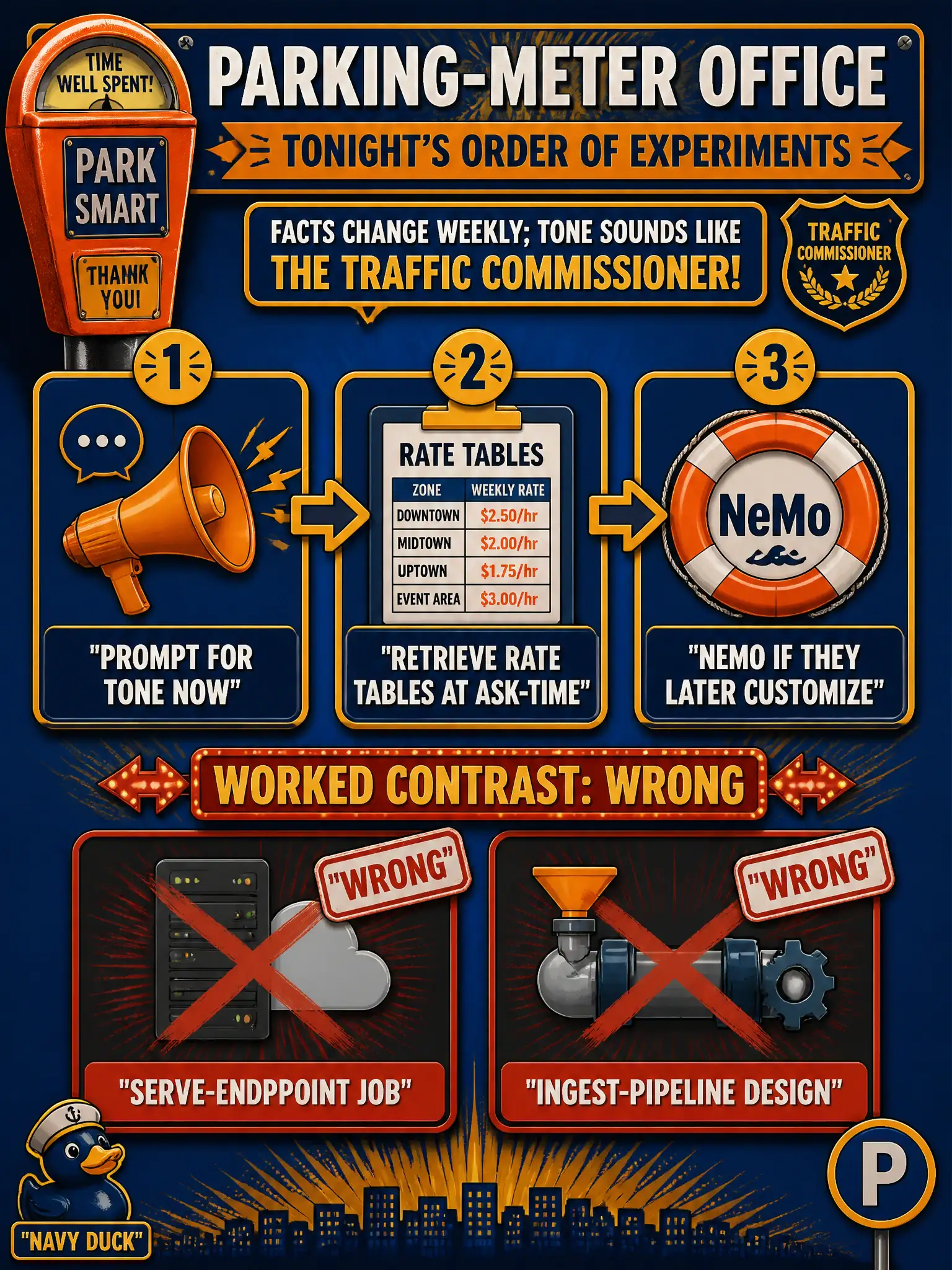 To Create an exciting colorful infographic that explains the concepts in the question: Question: A parking-meter office must decide tonight's work: rewrite the standing instructions, run a LoRA-style adaptation on a small gold set, or retrieve the latest rate tables at ask-time. Facts change weekly; tone should sound like the traffic commissioner. Which experiment, or order of experiments, should they run, and which stack customizes a model? Correct Answer: Prompt for tone now, retrieve changing rate tables at ask-time, and name NeMo if they later customize the model — not a serve-endpoint job and not an ingest-pipeline design. Put EVERY visible label in double quotes. No people. No A/B/C/D letters. In one of the four corners put a little "Navy Duck".