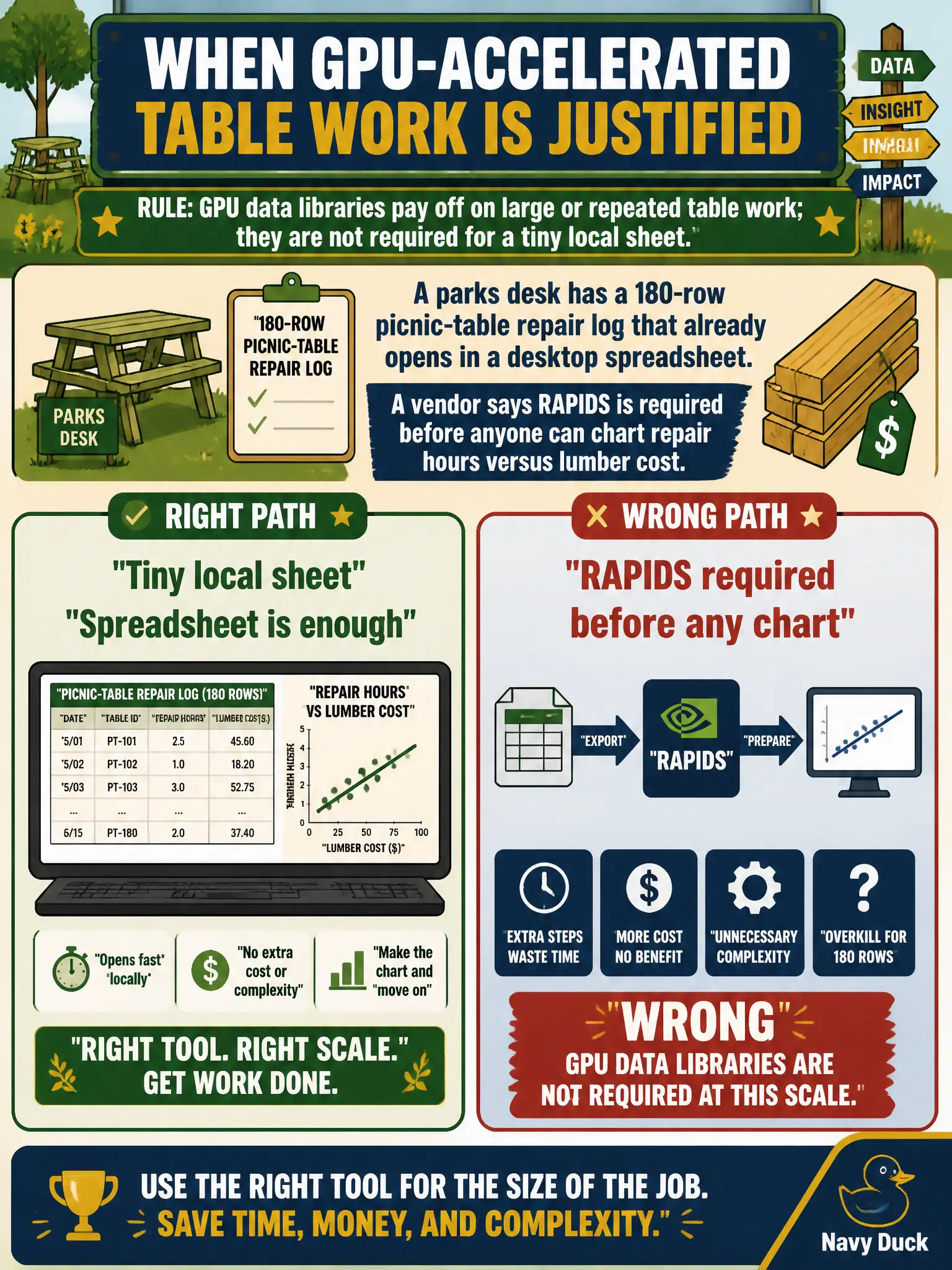 To Create an exciting colorful infographic that explains the concepts in the question: Question: A city parks desk has a 180-row picnic-table repair log that already opens in a desktop spreadsheet. A vendor says RAPIDS is required before anyone can chart repair hours versus lumber cost. When is GPU-accelerated table work justified? Correct Answer: GPU data libraries pay off on large or repeated table work; they are not required for a tiny local sheet. Put EVERY visible label in double quotes. No people. No A/B/C/D letters. In one of the four corners put a little "Navy Duck".