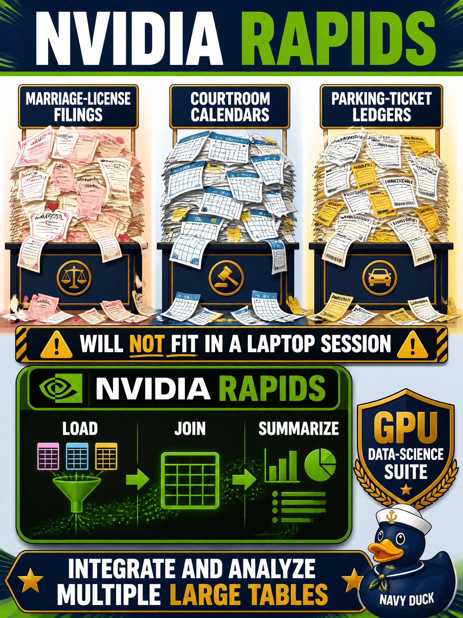 To Create an exciting colorful infographic that explains the concepts in the question: Question: A county clerk wants one analysis pass over marriage-license filings, courtroom calendars, and parking-ticket ledgers that together will not fit in a laptop session. Which official NVIDIA stack loads, joins, and summarizes those tables on GPU? Correct Answer: NVIDIA RAPIDS, the GPU data-science suite for integrating and analyzing multiple large tables. Put EVERY visible label in double quotes. No people. No A/B/C/D letters. In one of the four corners put a little "Navy Duck".