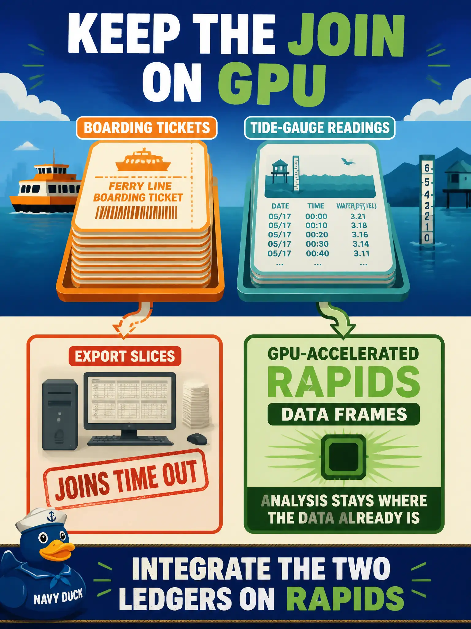To Create an exciting colorful infographic that explains the concepts in the question: Question: A ferry-terminal authority has a decade of boarding tickets and a decade of tide-gauge readings. Staff export slices to a workstation and the joins time out. How should they integrate the two ledgers? Correct Answer: Keep the join on GPU-accelerated RAPIDS data frames so the analysis stays where the data already is. Put EVERY visible label in double quotes. No people. No A/B/C/D letters. In one of the four corners put a little "Navy Duck".