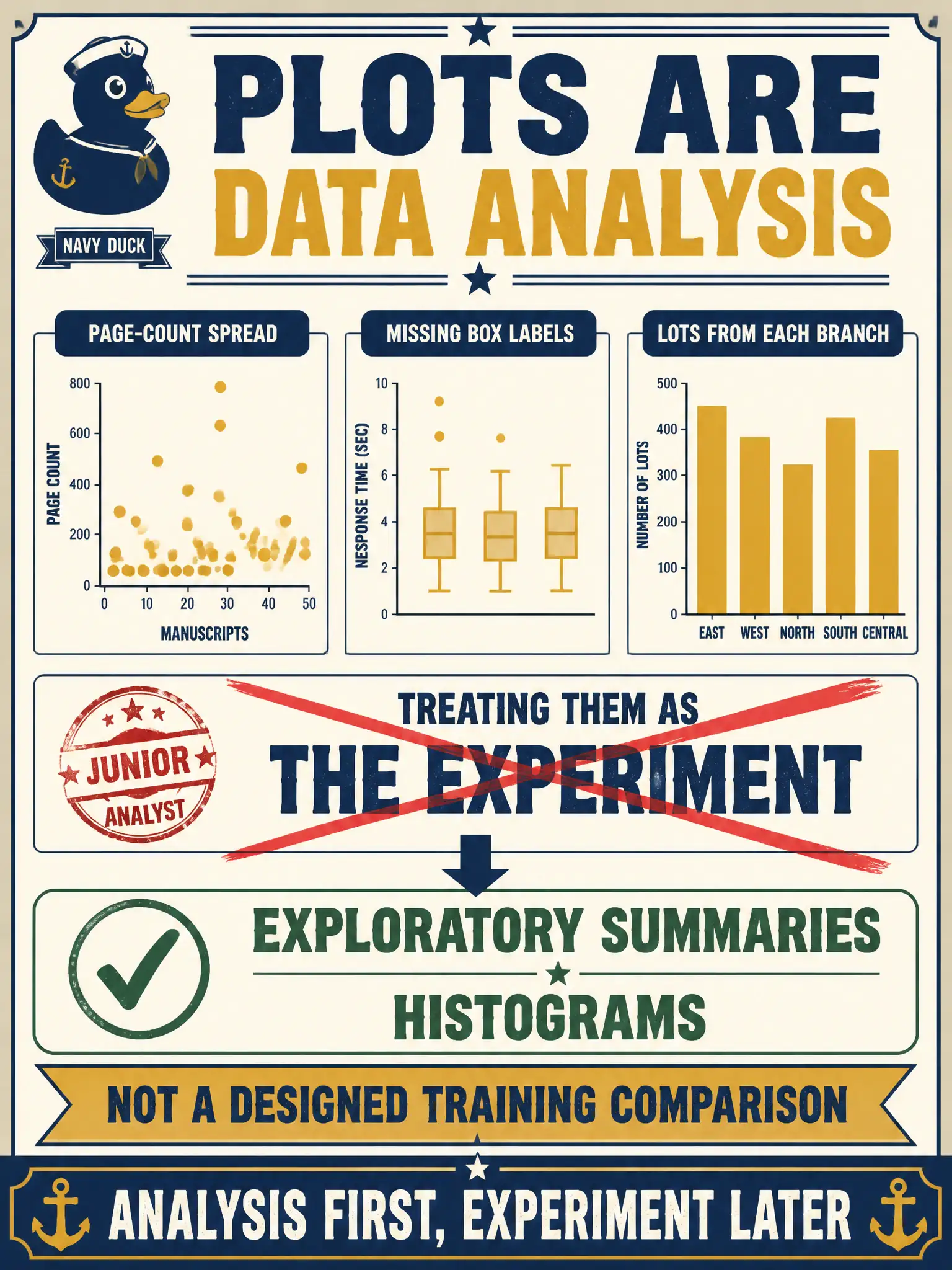 To Create an exciting colorful infographic that explains the concepts in the question: Question: A city-archives desk wants page-count spread, missing box labels, and how many lots came from each branch before anyone fine-tunes a model. A junior treats those plots as the experiment. What are the plots? Correct Answer: Exploratory summaries and histograms are data analysis, not a designed training comparison. Put EVERY visible label in double quotes. No people. No A/B/C/D letters. In one of the four corners put a little "Navy Duck".