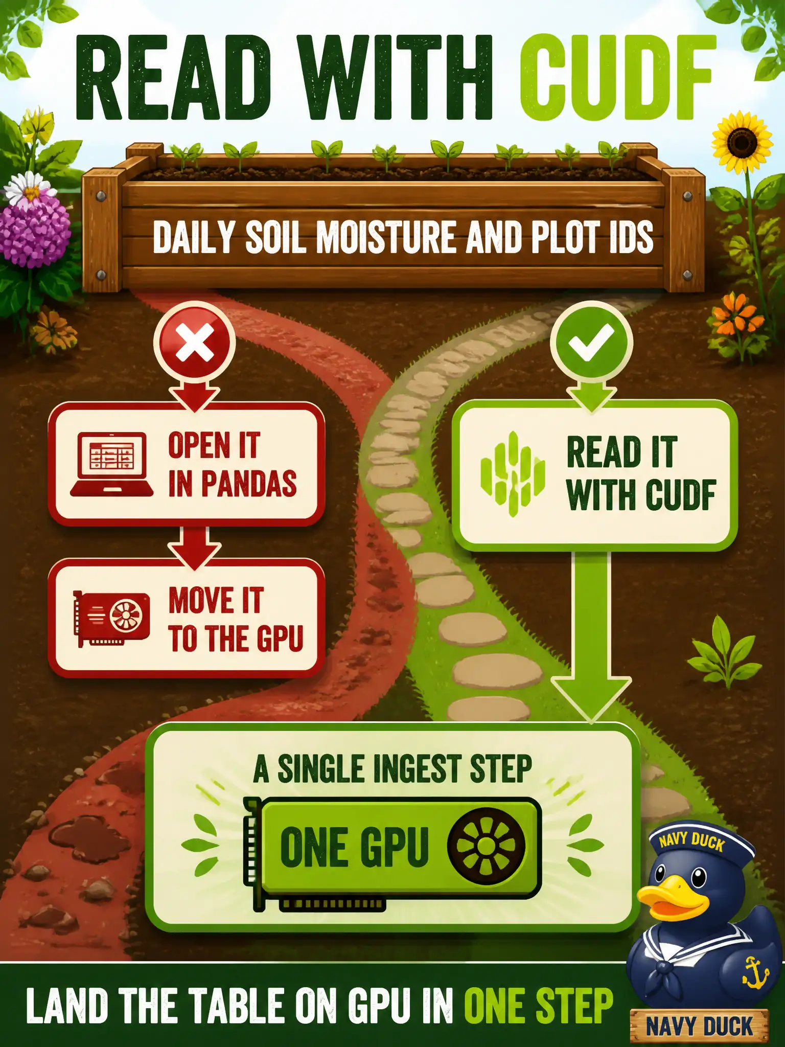 To Create an exciting colorful infographic that explains the concepts in the question: Question: A community-garden inventory exports a wide parquet of daily soil moisture and plot IDs. The analyst is about to open it in pandas and then move it to the GPU. How should that table land on a single GPU? Correct Answer: Read it with cuDF so the table lands on one GPU in a single ingest step. Put EVERY visible label in double quotes. No people. No A/B/C/D letters. In one of the four corners put a little "Navy Duck".