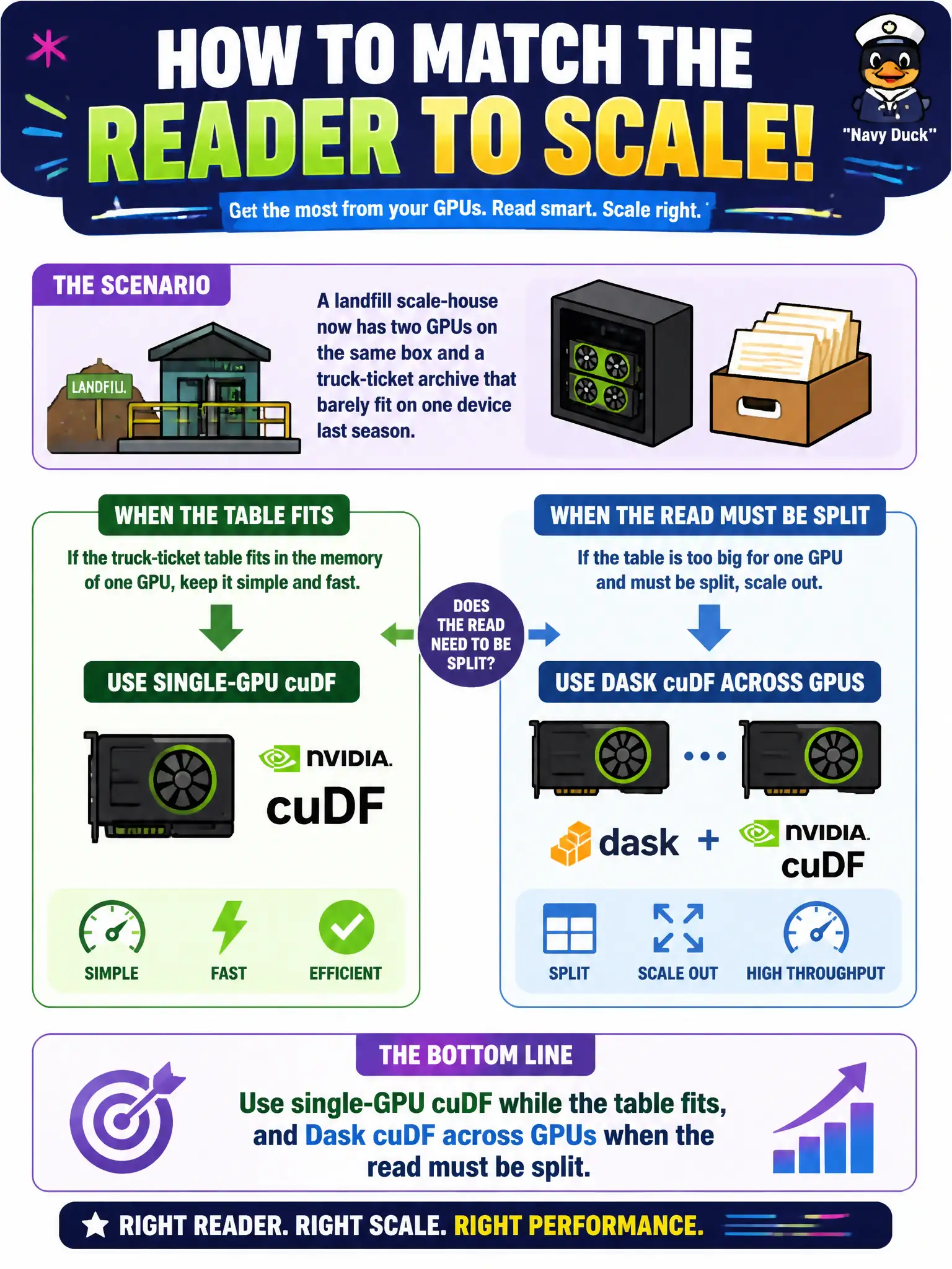 To Create an exciting colorful infographic that explains the concepts in the question: Question: A landfill scale-house now has two GPUs on the same box and a truck-ticket archive that barely fit on one device last season. How should they match the reader to scale? Correct Answer: Use single-GPU cuDF while the table fits, and Dask cuDF across GPUs when the read must be split. Put EVERY visible label in double quotes. No people. No A/B/C/D letters. In one of the four corners put a little "Navy Duck".