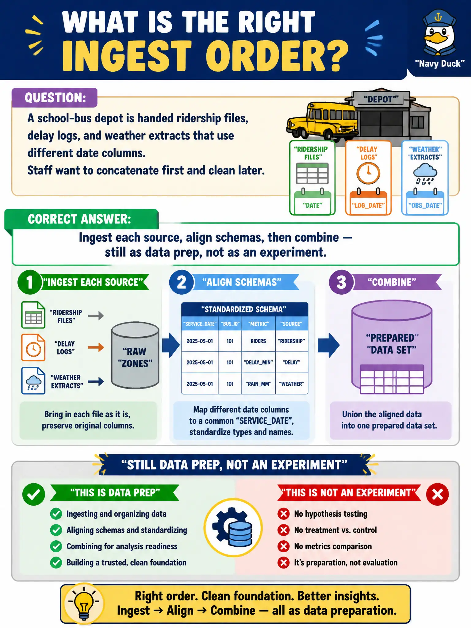 To Create an exciting colorful infographic that explains the concepts in the question: Question: A school-bus depot is handed ridership files, delay logs, and weather extracts that use different date columns. Staff want to concatenate first and clean later. What is the right ingest order? Correct Answer: Ingest each source, align schemas, then combine — still as data prep, not as an experiment. Put EVERY visible label in double quotes. No people. No A/B/C/D letters. In one of the four corners put a little "Navy Duck".