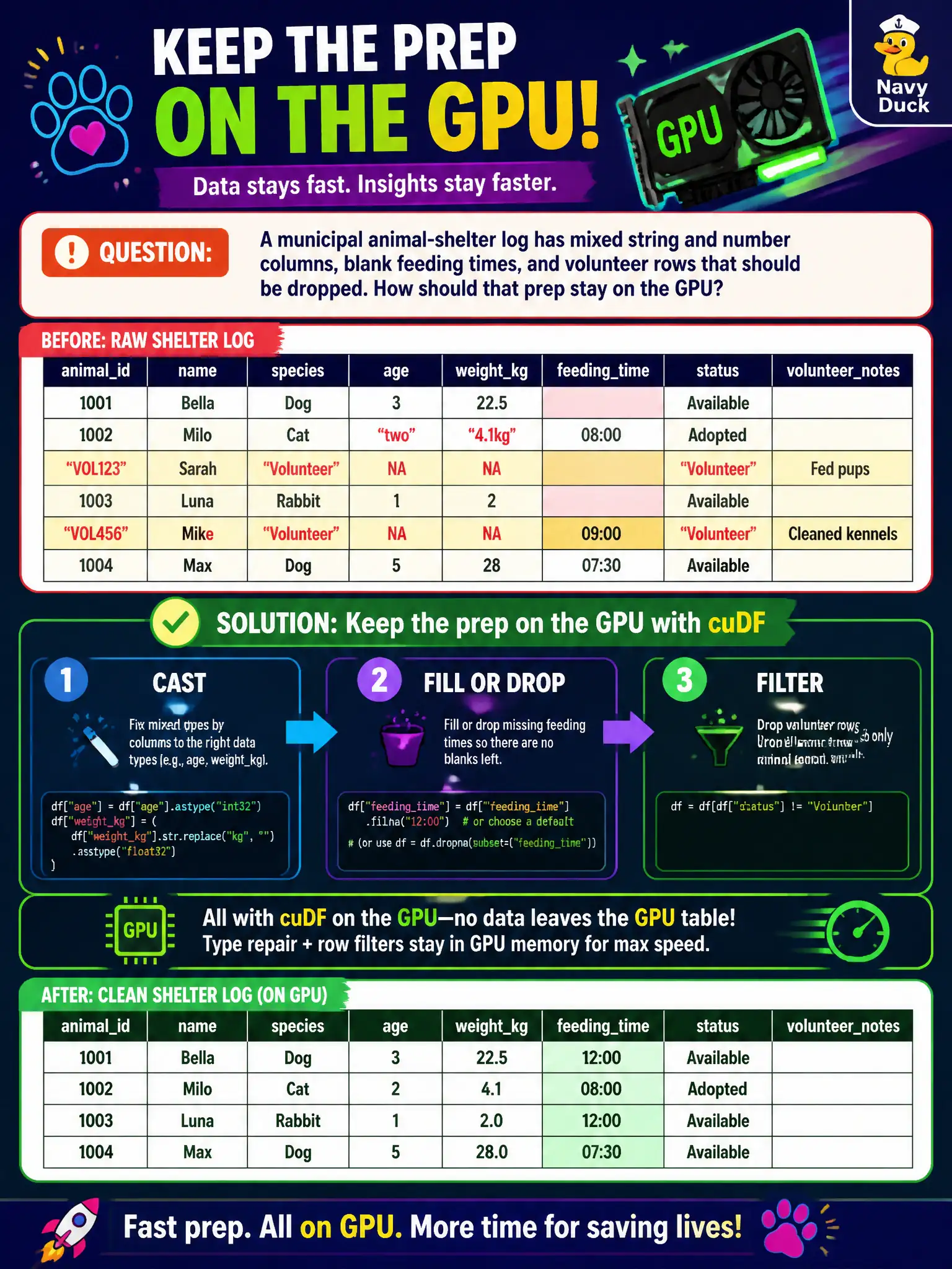 To Create an exciting colorful infographic that explains the concepts in the question: Question: A municipal animal-shelter log has mixed string and number columns, blank feeding times, and volunteer rows that should be dropped. How should that prep stay on the GPU? Correct Answer: Apply cast, fill or drop, and filter with cuDF so type repair and row filters never leave the GPU table. Put EVERY visible label in double quotes. No people. No A/B/C/D letters. In one of the four corners put a little "Navy Duck".