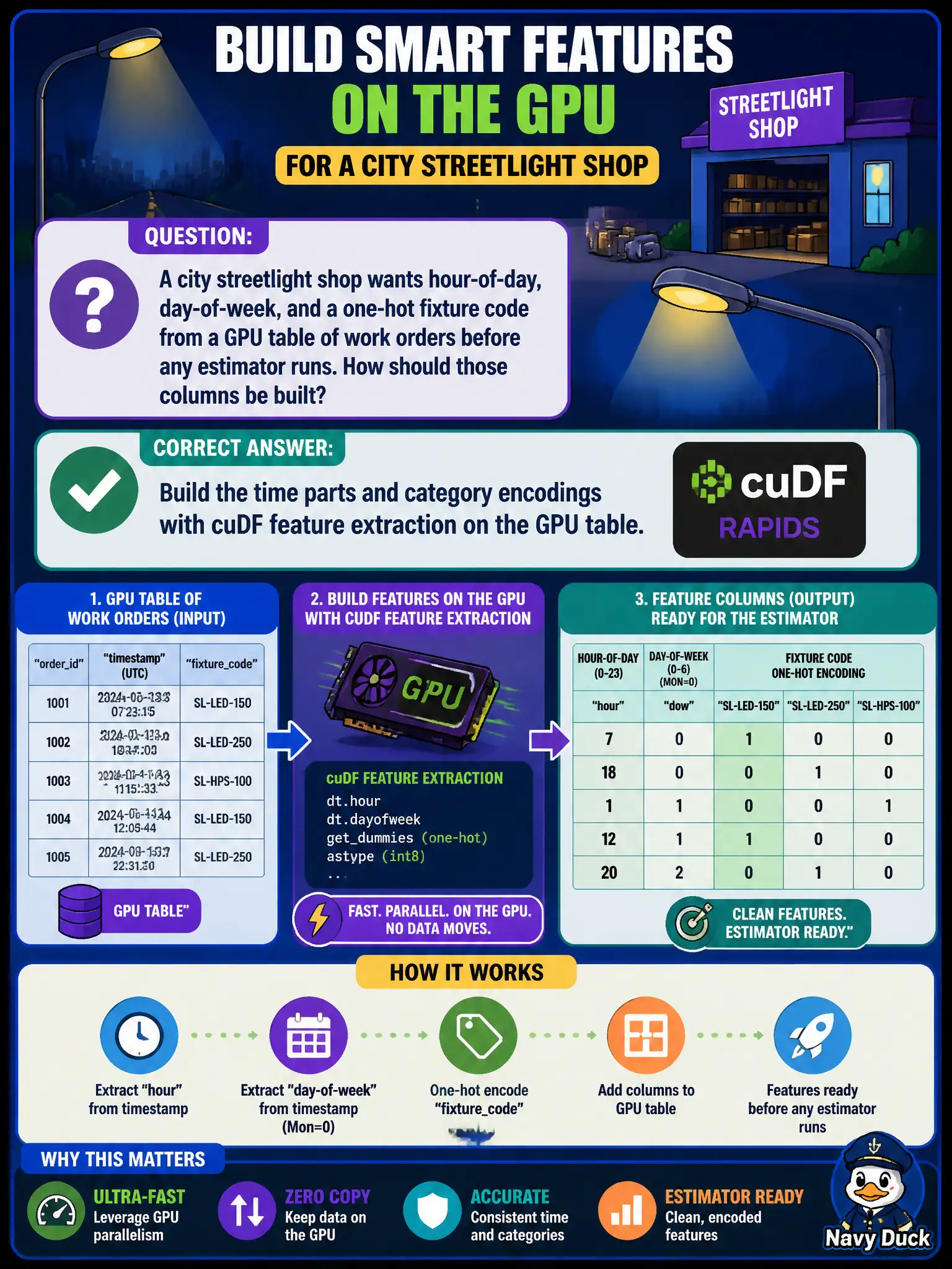 To Create an exciting colorful infographic that explains the concepts in the question: Question: A city streetlight shop wants hour-of-day, day-of-week, and a one-hot fixture code from a GPU table of work orders before any estimator runs. How should those columns be built? Correct Answer: Build the time parts and category encodings with cuDF feature extraction on the GPU table. Put EVERY visible label in double quotes. No people. No A/B/C/D letters. In one of the four corners put a little "Navy Duck".