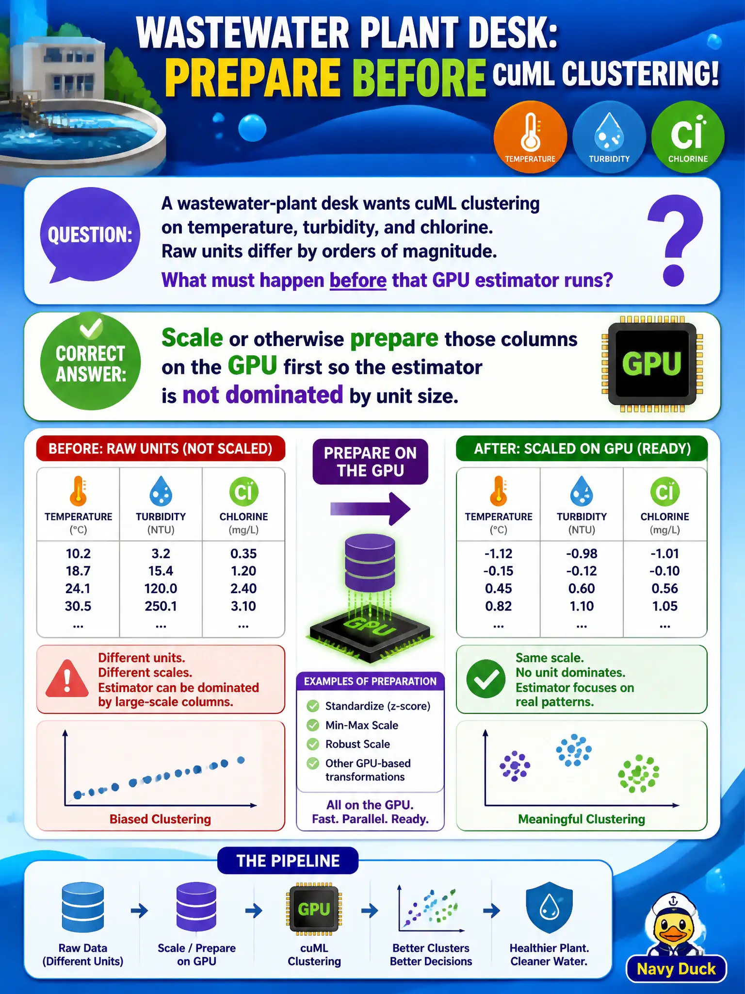 To Create an exciting colorful infographic that explains the concepts in the question: Question: A wastewater-plant desk wants cuML clustering on temperature, turbidity, and chlorine. Raw units differ by orders of magnitude. What must happen before that GPU estimator runs? Correct Answer: Scale or otherwise prepare those columns on the GPU first so the estimator is not dominated by unit size. Put EVERY visible label in double quotes. No people. No A/B/C/D letters. In one of the four corners put a little "Navy Duck".
