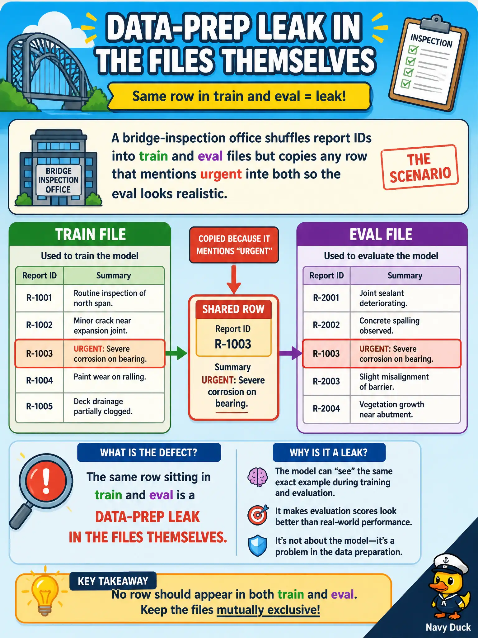To Create an exciting colorful infographic that explains the concepts in the question: Question: A bridge-inspection office shuffles report IDs into train and eval files but copies any row that mentions urgent into both so the eval looks realistic. What defect is that? Correct Answer: The same row sitting in train and eval is a data-prep leak in the files themselves. Put EVERY visible label in double quotes. No people. No A/B/C/D letters. In one of the four corners put a little "Navy Duck".
