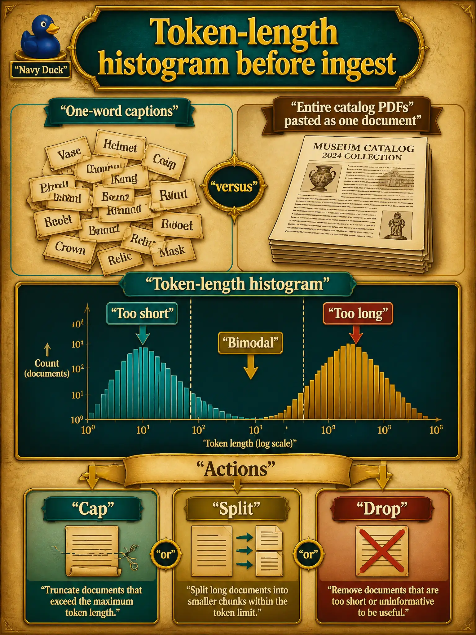To Create an exciting colorful infographic that explains the concepts in the question: Question: A county-museum chatbot corpus has a pile of one-word captions and a few entire catalog PDFs pasted as one document. What plot helps them cap, split, or drop before ingest? Correct Answer: A token-length histogram shows whether text is too short, too long, or bimodal. Put EVERY visible label in double quotes. No people. No A/B/C/D letters. In one of the four corners put a little "Navy Duck".
